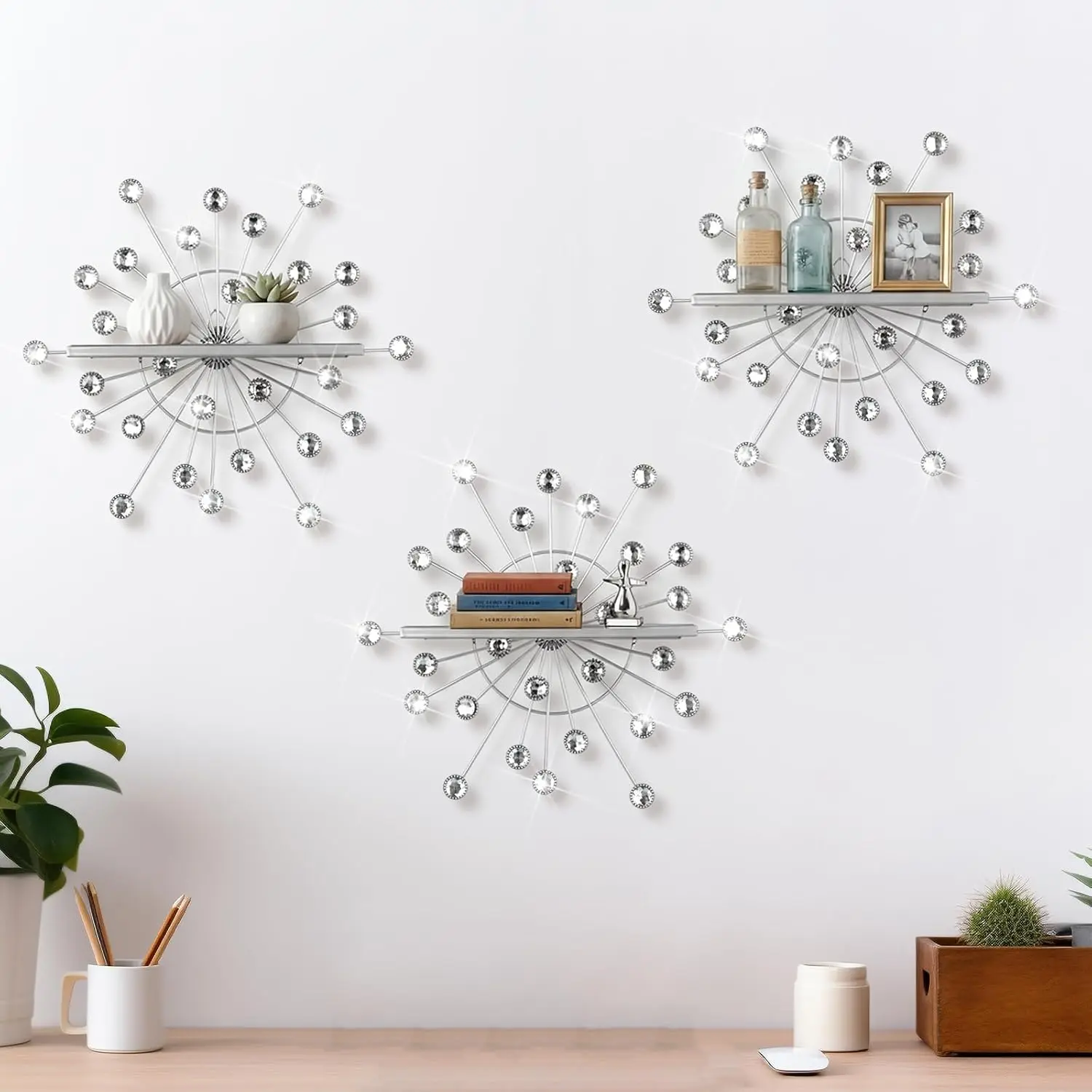 Yaocom 3 Pcs Crystal Floating Shelves, Bling Sparkle Metal Starburst Wall Decor Shelves, Silver Wall Mounted Storage Shelf for Bedroom Bathroom Living Room Kitchen Office