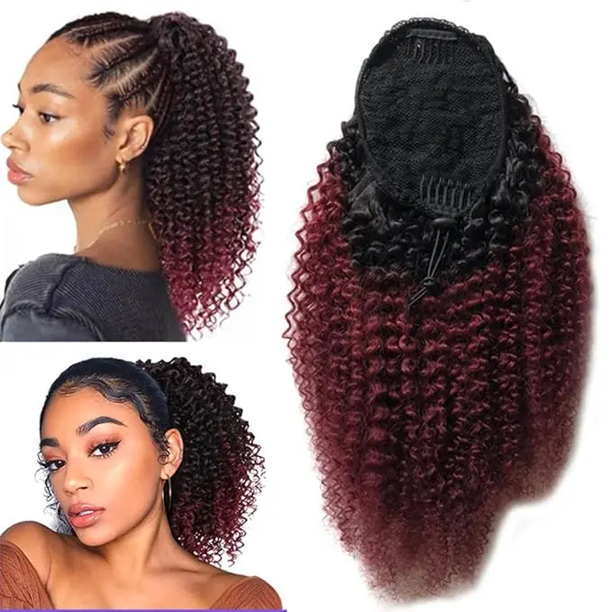 Afro Curly Drawstring Ponytail Extensions - Binf Remy Human Hair, Clip-In Type Quick Weave, 8-26 Inches, Color T1B/99J