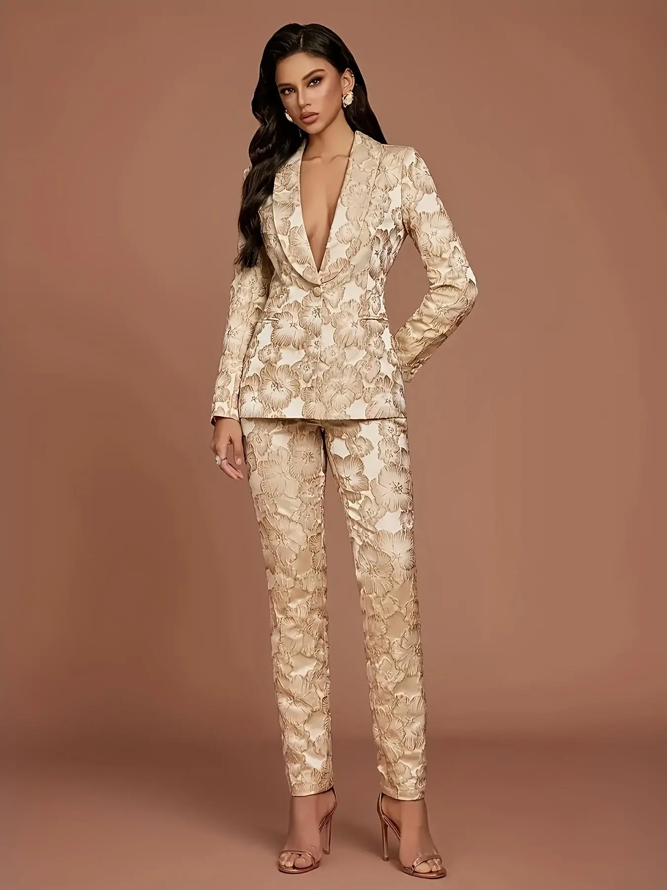 Elegant Champagne Color Vintage Floral Print Two-Piece Set, Single Button Notch Lapel Satin Blazer, Slim Fit Pants, Wedding Bridal Evening Office Wear