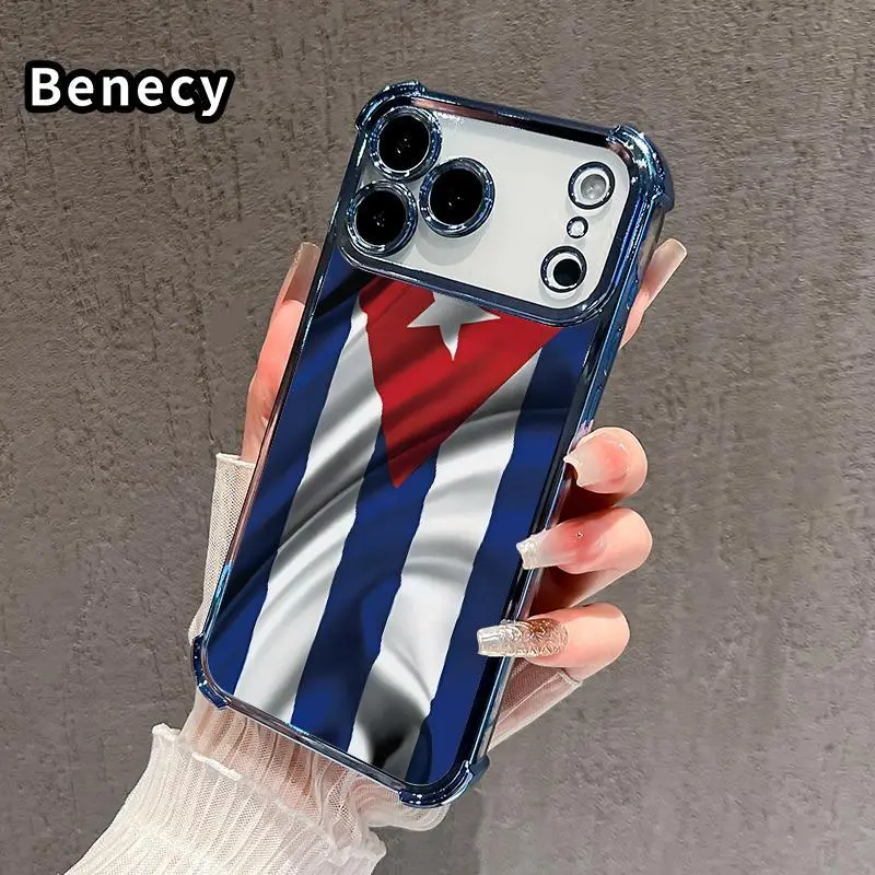 Transparent Electroplated TPU Silicone Soft Phone Case for iPhone Series (17 Pro Max,16,15 Plus,14,13,12,11,SE) - Cuban Fluttering Flag Design, 4-Corner Drop Resistant Cover, Blue Gift Option