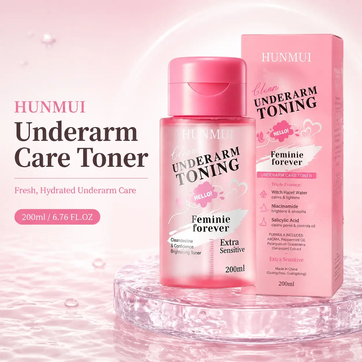 HUNMUI Underarm Care Toner 200ml - Brightening & Soothing Underarm Toner with Witch Hazel, Niacinamide & Salicylic Acid for Fresh, Hydrated Underarms
