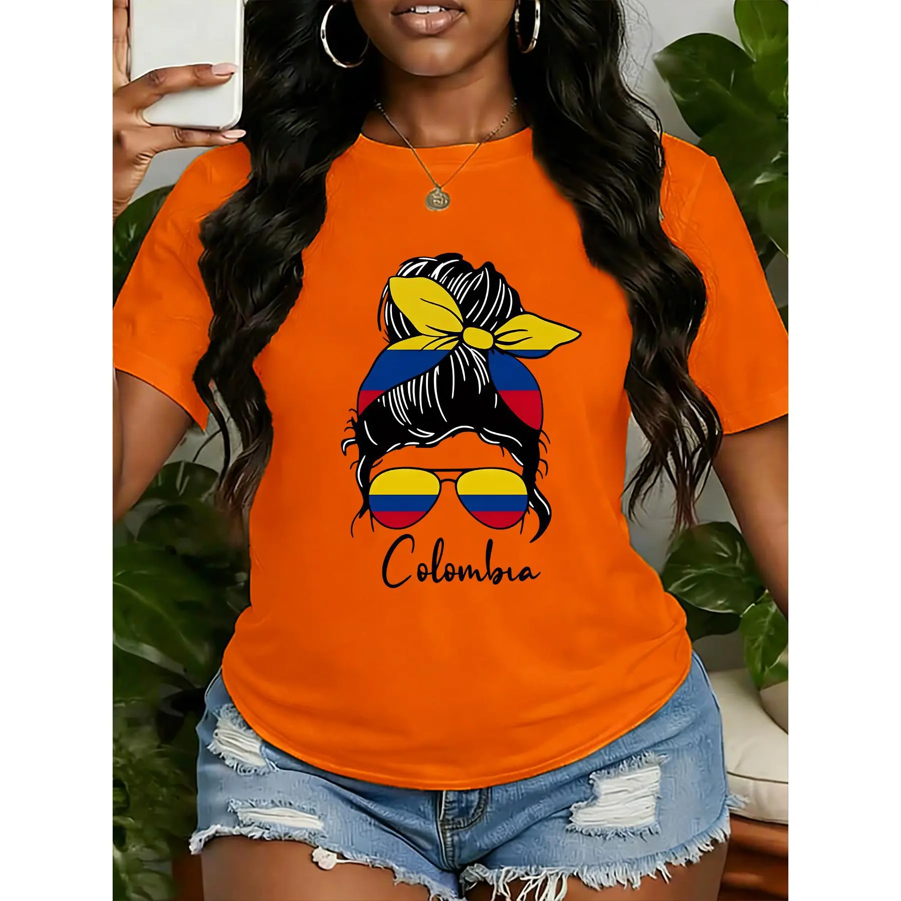 New summer trendy and unique women's round-neck T-shirt with Colombian flag print. Versatile style suitable for spring, summer, and autumn. Fashionable and casual for daily wear, commuting, vacations, and outings # SummerWins # DealsForYouDays