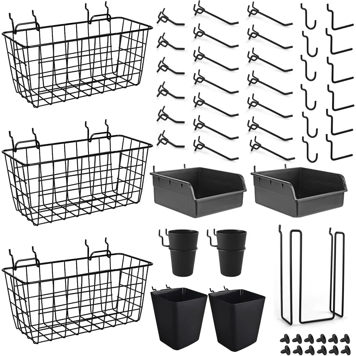 Pegboard Basket Organizers, 42Pack Peg Board Baskets Hooks Bins Cups(Black)