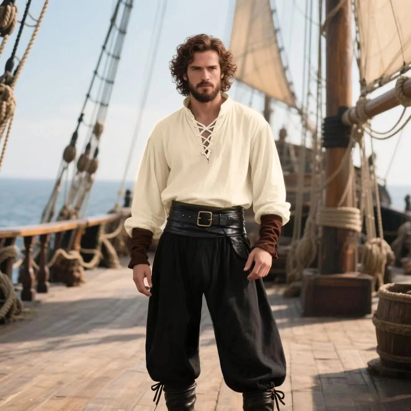 Men's Medieval Pirate Costume Renaissance LARP Shirt with Belt, Retro Gothic Lace-up Top & Pants Set for Halloween Cosplay
