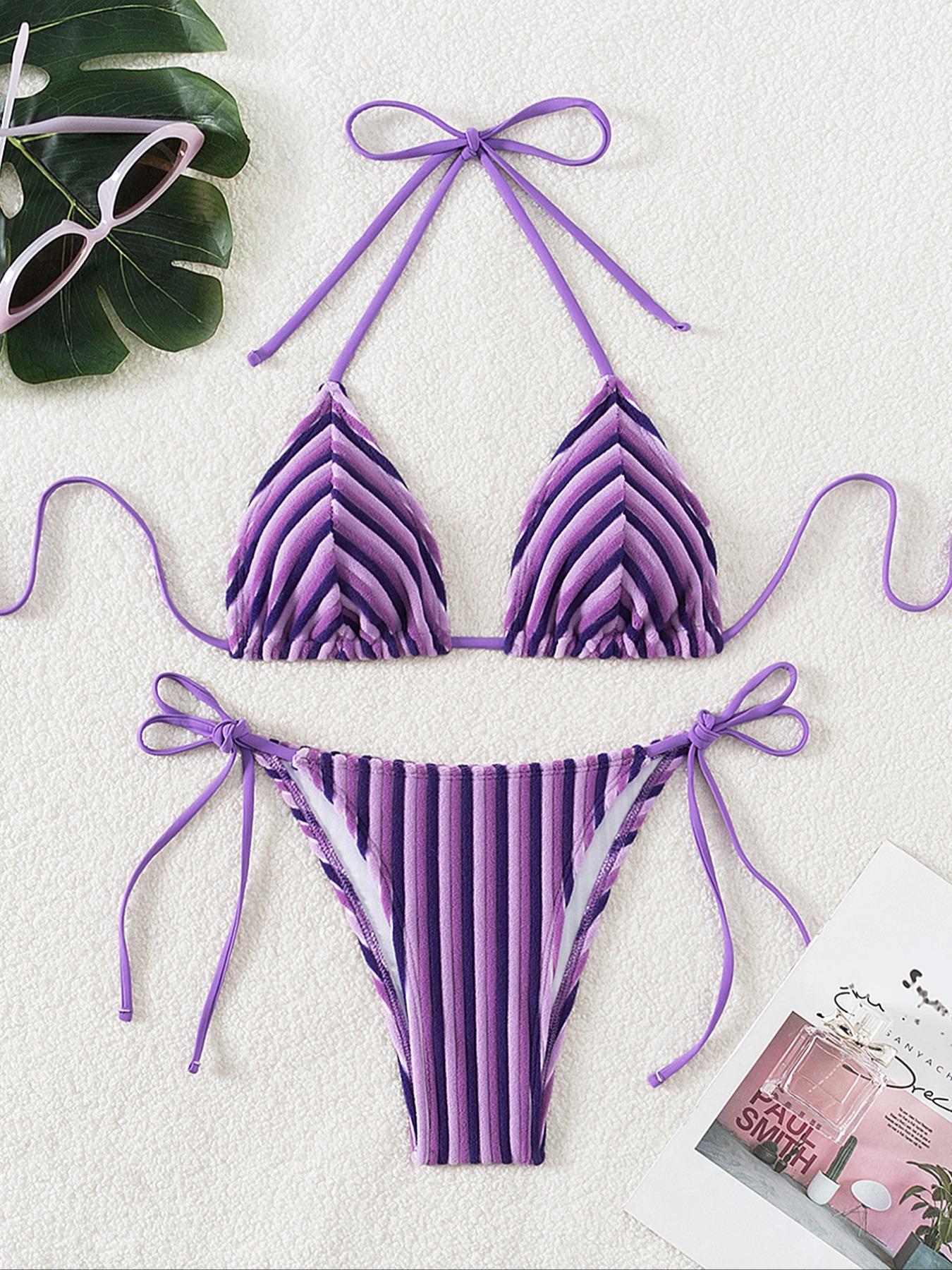 Two-piece Set Women's Striped Tie Back Bikini Set, Casual Fashion Chic Halter Neck Swim Bra & Tie Side Swim Panty Two Counts Swimsuit for Summer, Ladies Bathing Suit for Beach Holiday Vacation
