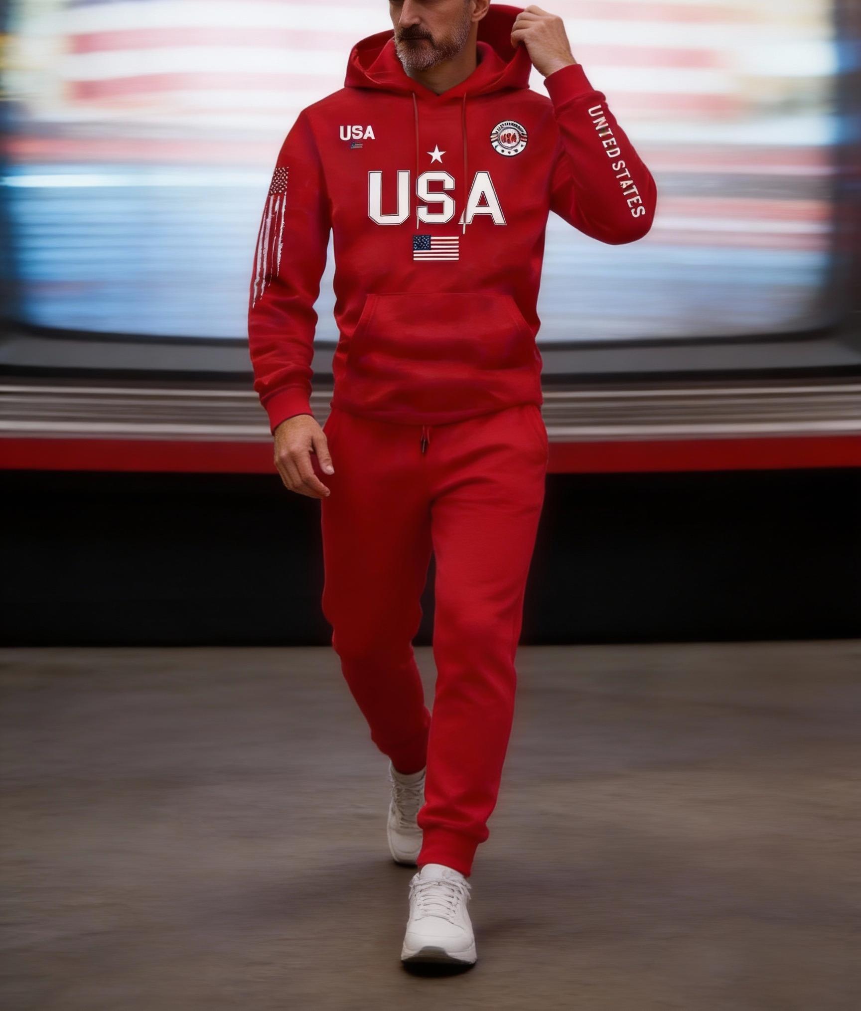 Streetwear USA Hoodie Men's Red Loose Hoodie Flag Element Top