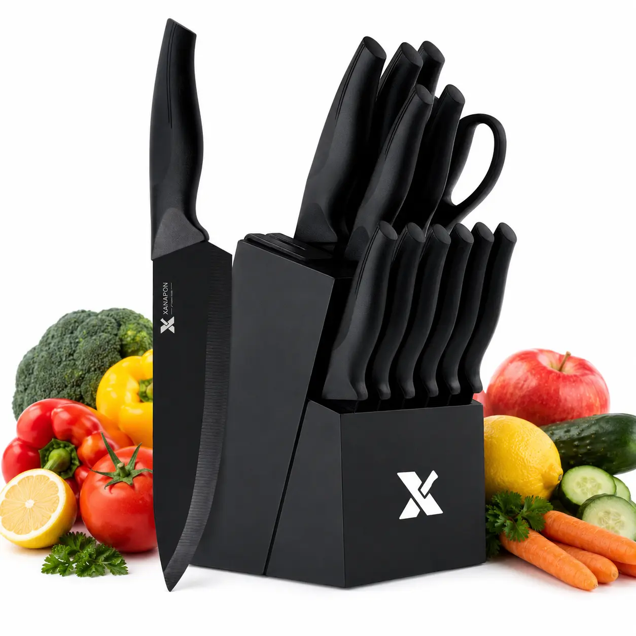 Complete Kitchen Knife Set with Self-Sharpening Block, Stainless Steel Cutting and Slicing Knives, Built-In Sharpener, ABS Ergonomic Non-Slip Handles, Countertop Storage