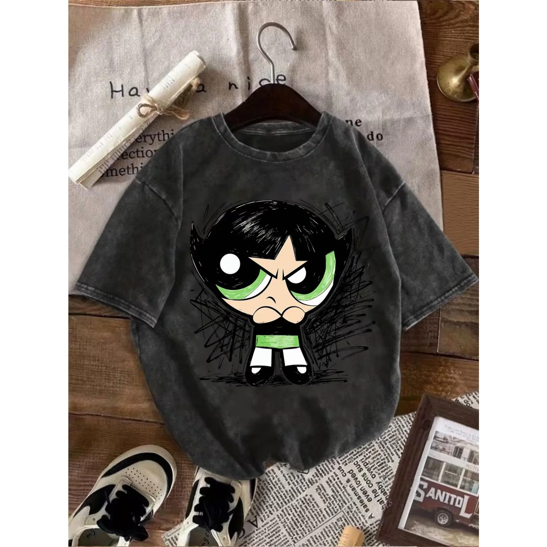 Men's Washed Vintage Knit Cotton Short-Sleeve Round-Neck T-Shirt - Powerpuff Girls Buttercup Green Eyes Cartoon Art Print, Stretch Loose Casual Streetwear Daily Machine-Wash Tops