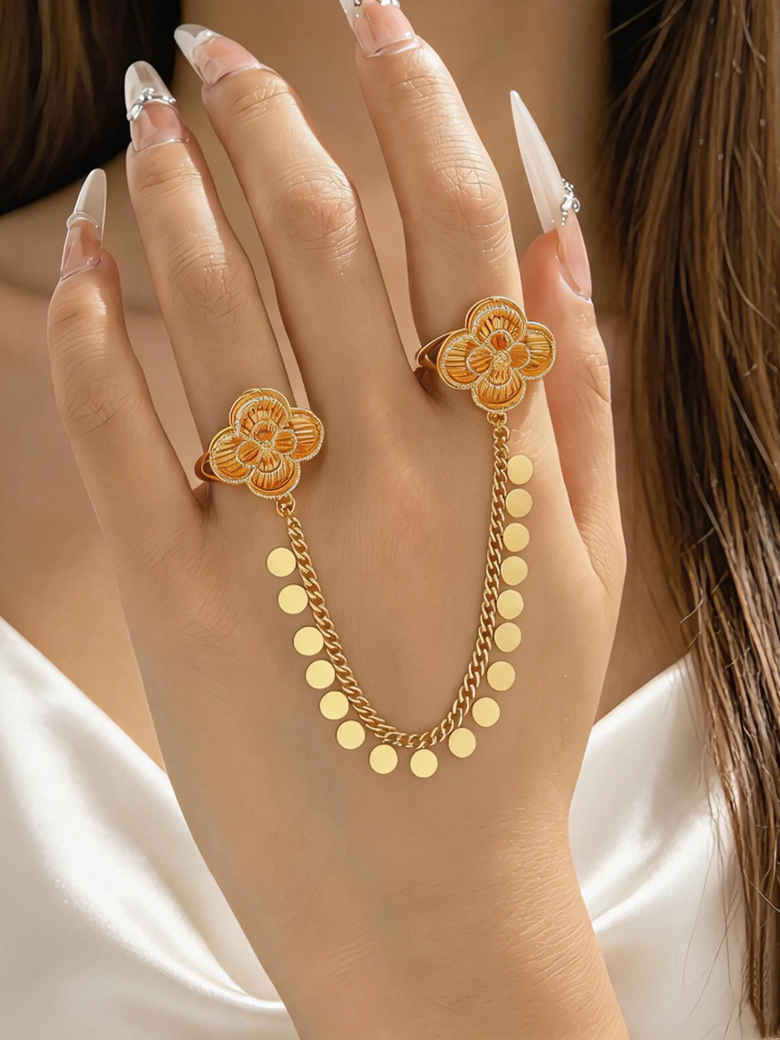 Luxurious Flower Chain Dual Finger Ring, Adjustable Arabic Bracelet Style Statement Ring, African Women's Jewelry Accessory