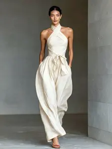 Women’s Sleeveless Halter Cross Neck Jumpsuit, Wide Leg Palazzo Pants, Tie Waist One Piece, Casual Summer Resort Wear, Elegant Romper with Pockets