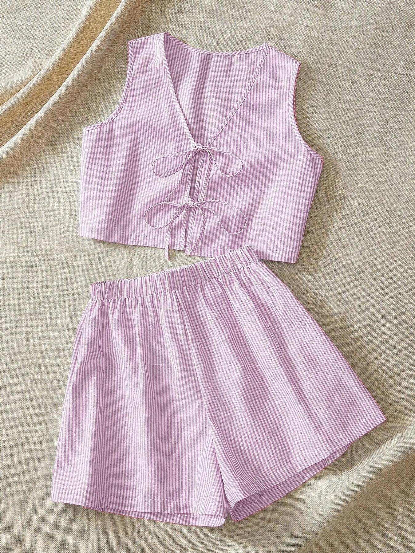 2-piece plaid striped sleeveless crop vest top and high-waisted loose shorts women's casual suit