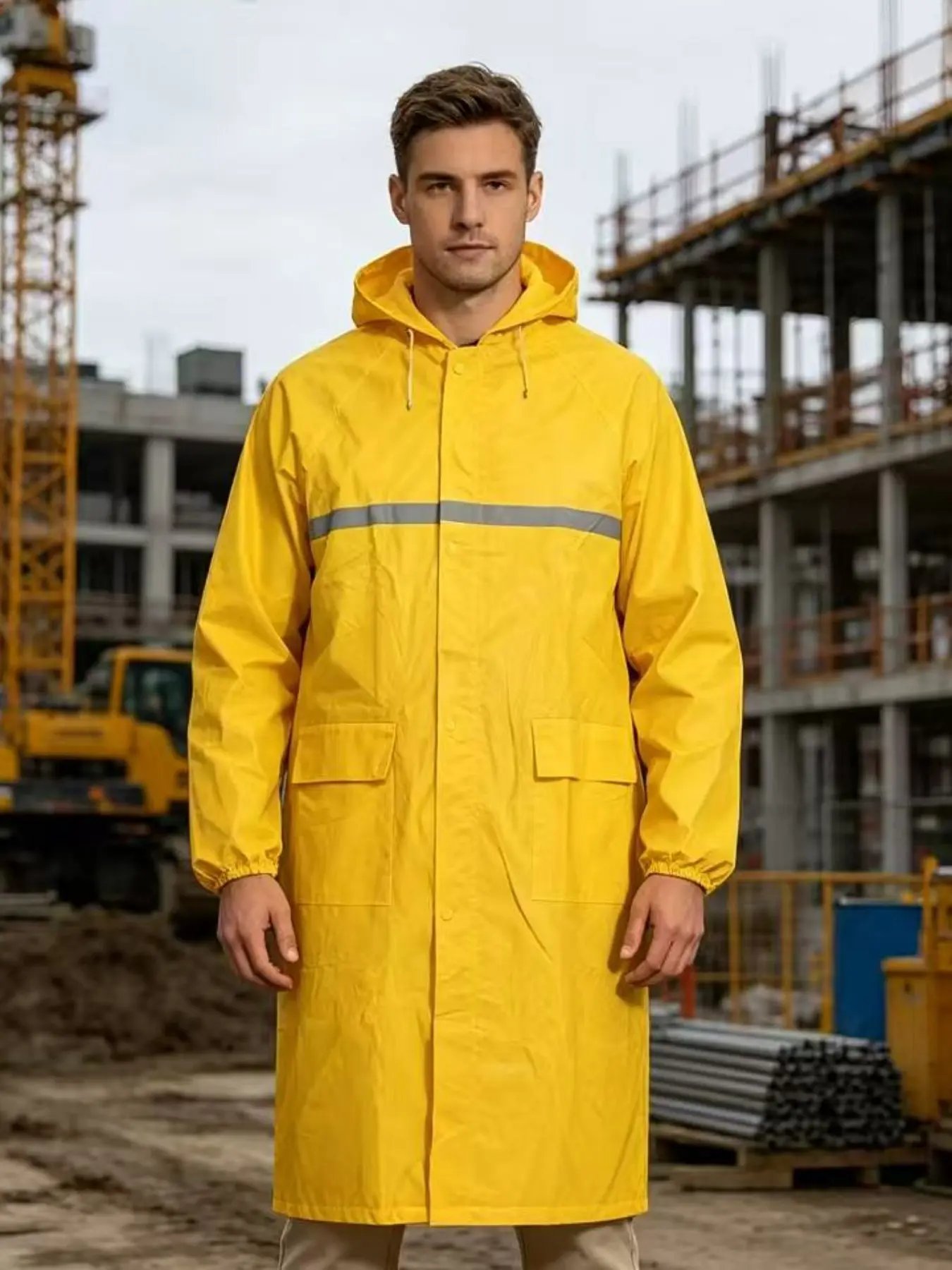 Men's Classic Long Raincoat, High Visibility Reflective Hooded Jacket, Waterproof Windproof Fabric, Drawstring Hood Design, Ideal for Transportation, Construction, Fishing