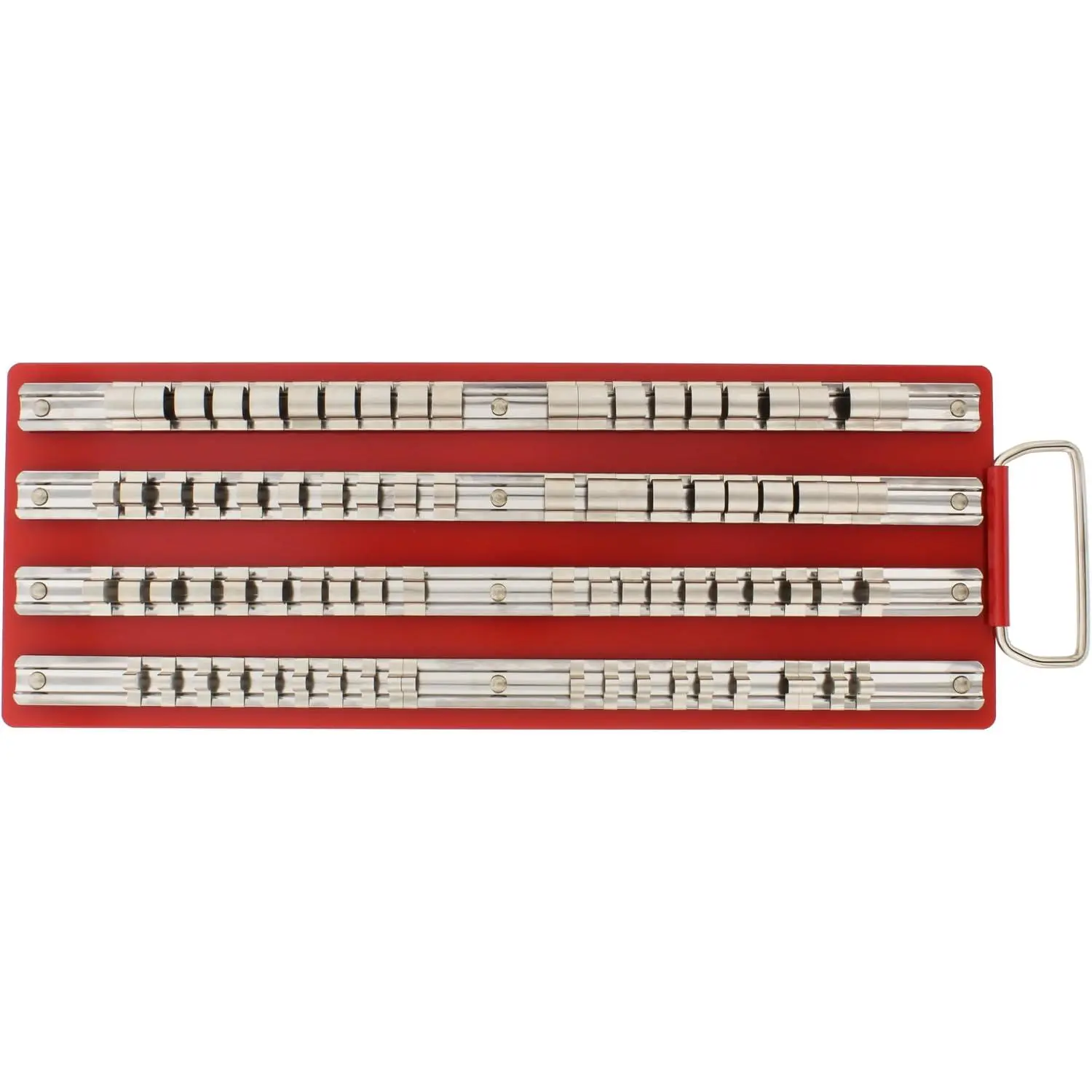 Large SAE Standard Socket Holder Tray Rack Rails – 1/4, 3/8, 1/2 Inch Drive 80- Clips for Tool Organization