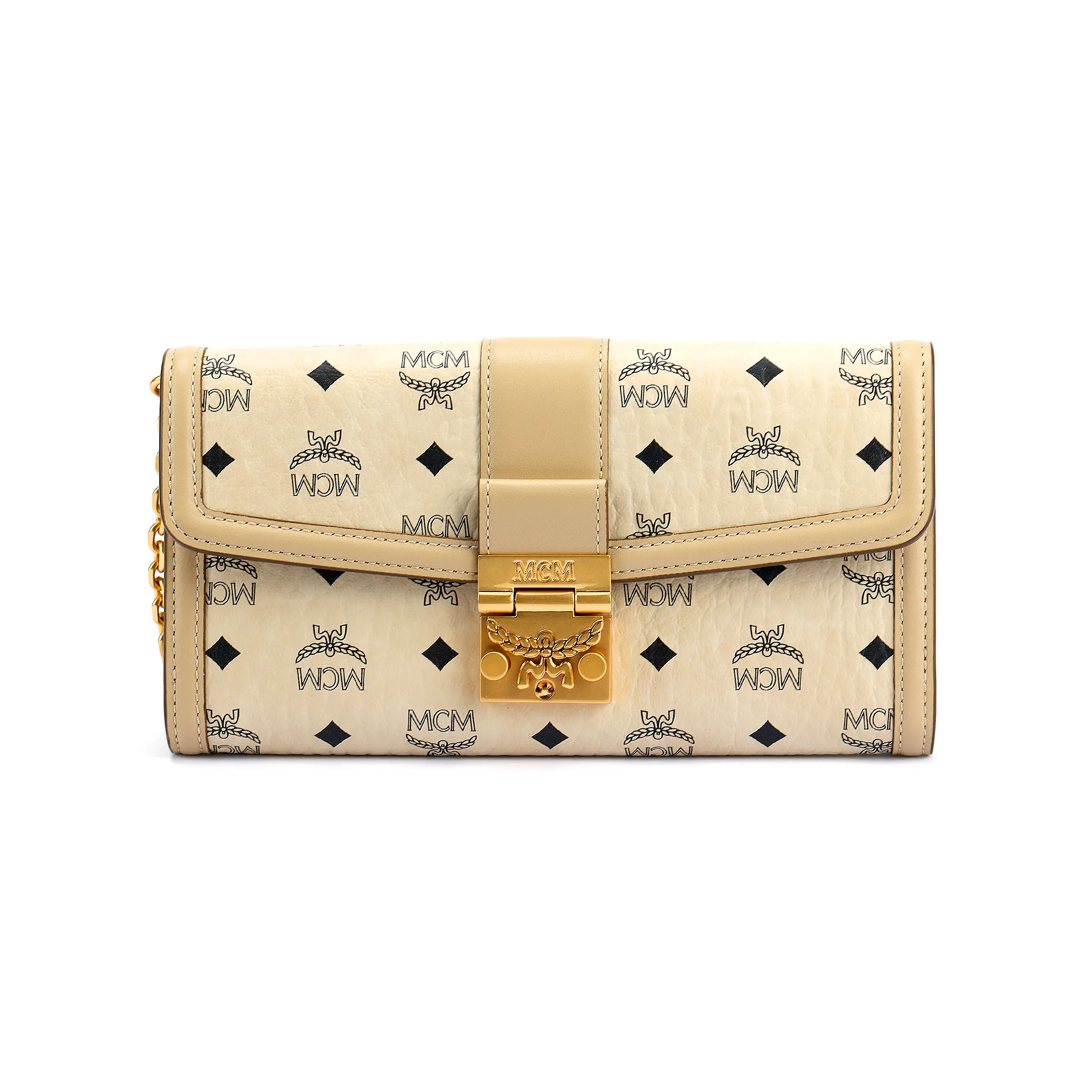 MCM Tracy Metallic Logo Monogram Chain-Strap Crossbody Bag for Women, Large Size, Beige