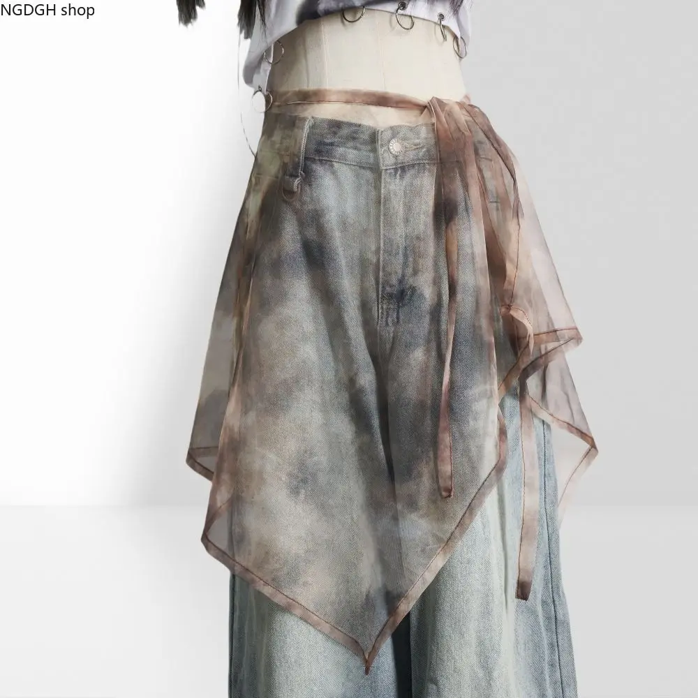 Y2K Tie Dye Chiffon Hip Scarf Skirt for Women, Abstract Acid Wash Sheer Mesh Mesh Mesh Waist Wrap, Trendy Festival Rave Layering Over Jeans Accessories, Grunge Punk Asymmetrical Shawl Belt, 1Pc