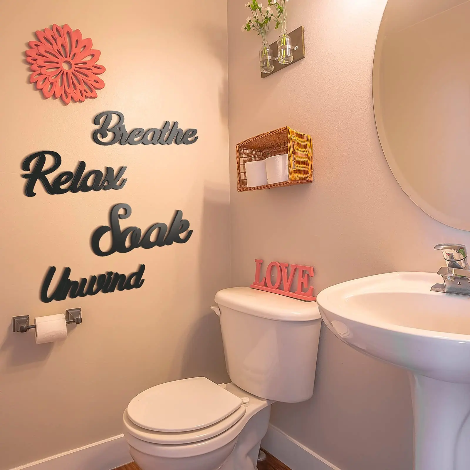 1 Set Breathe Relax Soak Unwind Wooden Word Cutout Wall Sign, Matte Black Cursive Script Wooden Letter Wall Decor Plaque, Minimalist Farmhouse Spa Bathroom Restroom Wooden Wall Art Relaxing Home Ornament, Decorative Wall Plaque, Housewarming Gift