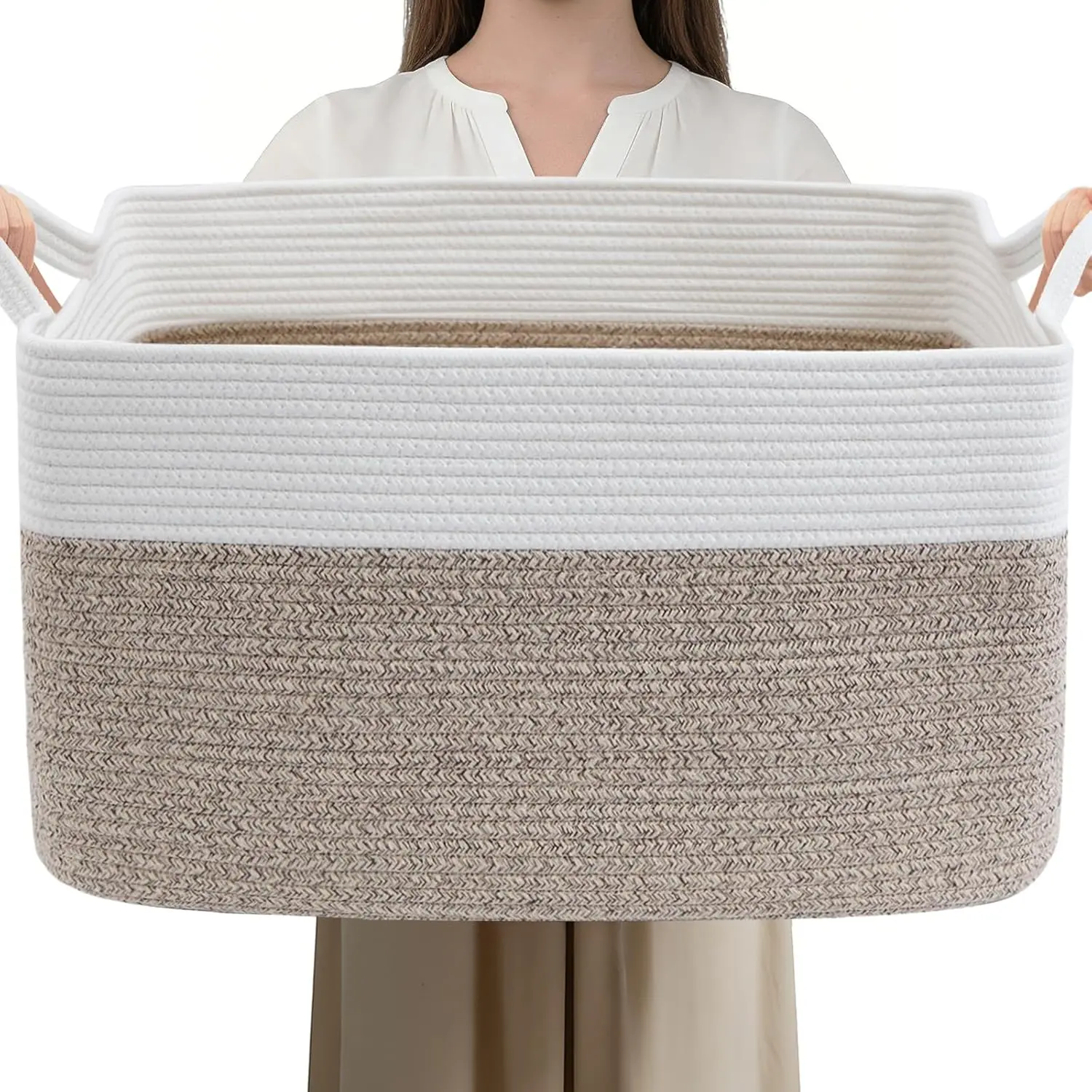 Large Blanket Basket,Woven Rope Basket Storage Bin with Handles,65L Rectangle Laundry Basket for Magazines,Toys,Clothes,Newspaper Shelf Organization,Nursery and Living Room,White & Brown