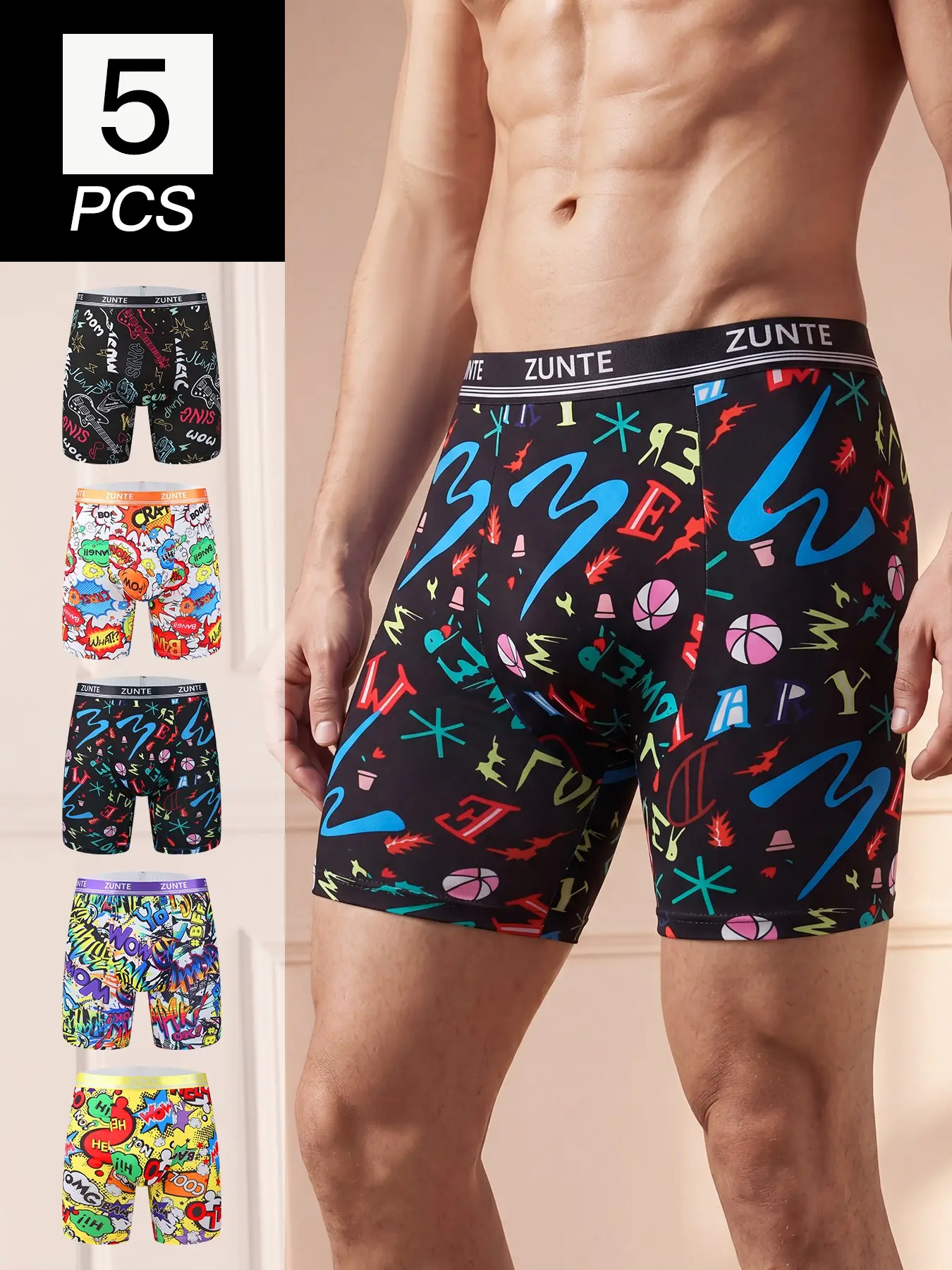 5 Pcs/Pack Men's Printed Long Leg Stretchy Boxer Briefs, Anti Chafing Underwear, Quick Dry Moisture Wicking Breathable Performance Boxer Briefs, 4-Way Stretch No Ride Up Athletic Compression Underwear for Running Gym Cycling Sports, Big & Tall