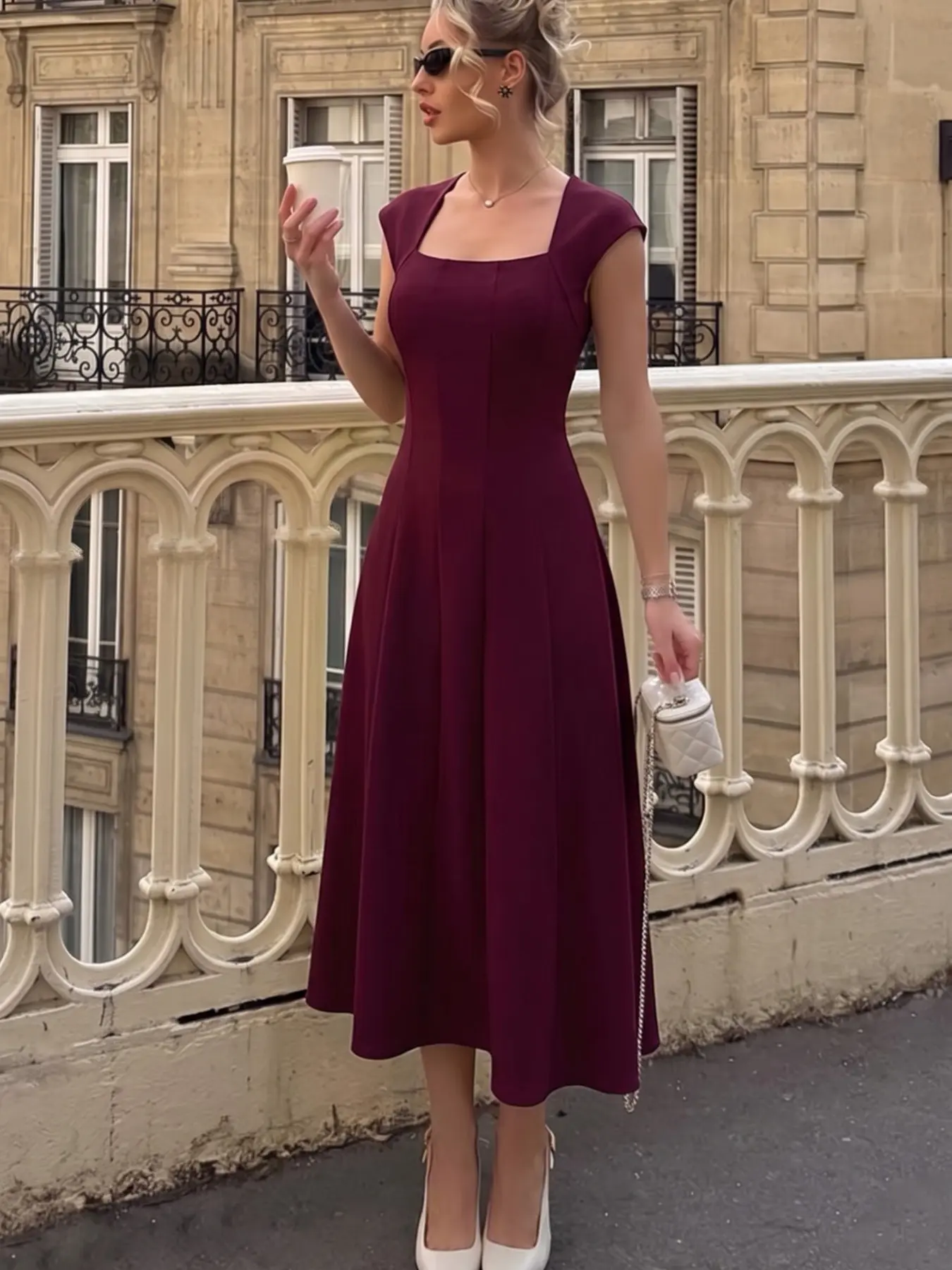 Elegant Simple Fashion Chic Minimalist Square Neck Women's Bodycon Fitted Short Sleeve Dress, Soft Comfortable Elastic Slim Fit Pleated Waist, Perfect for Daily Gatherings, Casual Wear
