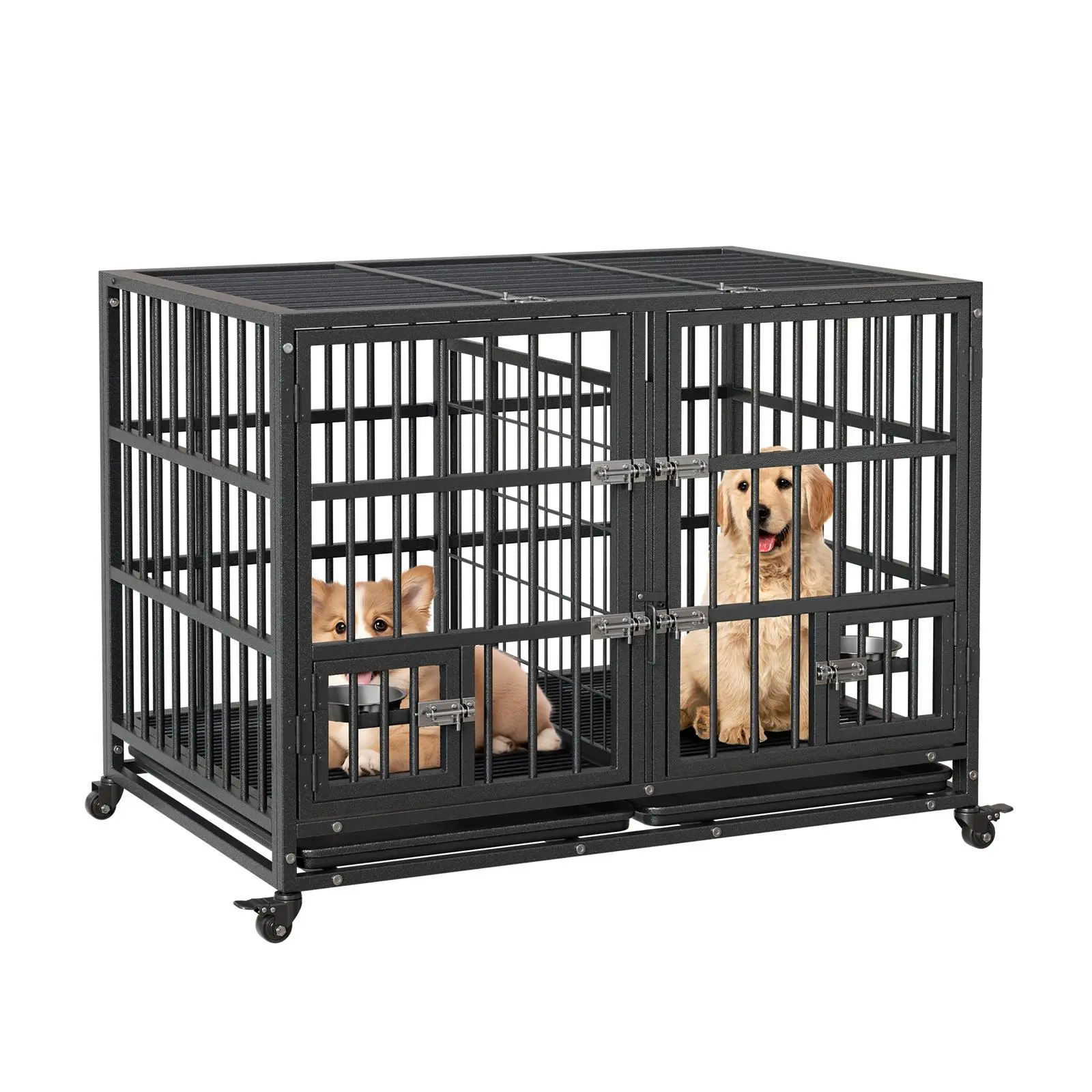42/48 Inch Heavy Duty Dog Crate for Large Dogs, Metal Wire Dog Kennel with Removable Divider and Tray, Escape Proof Dog Cage with Locking Wheels Dual Doors Reversible Open Top for Golden Retriever German Shepherd