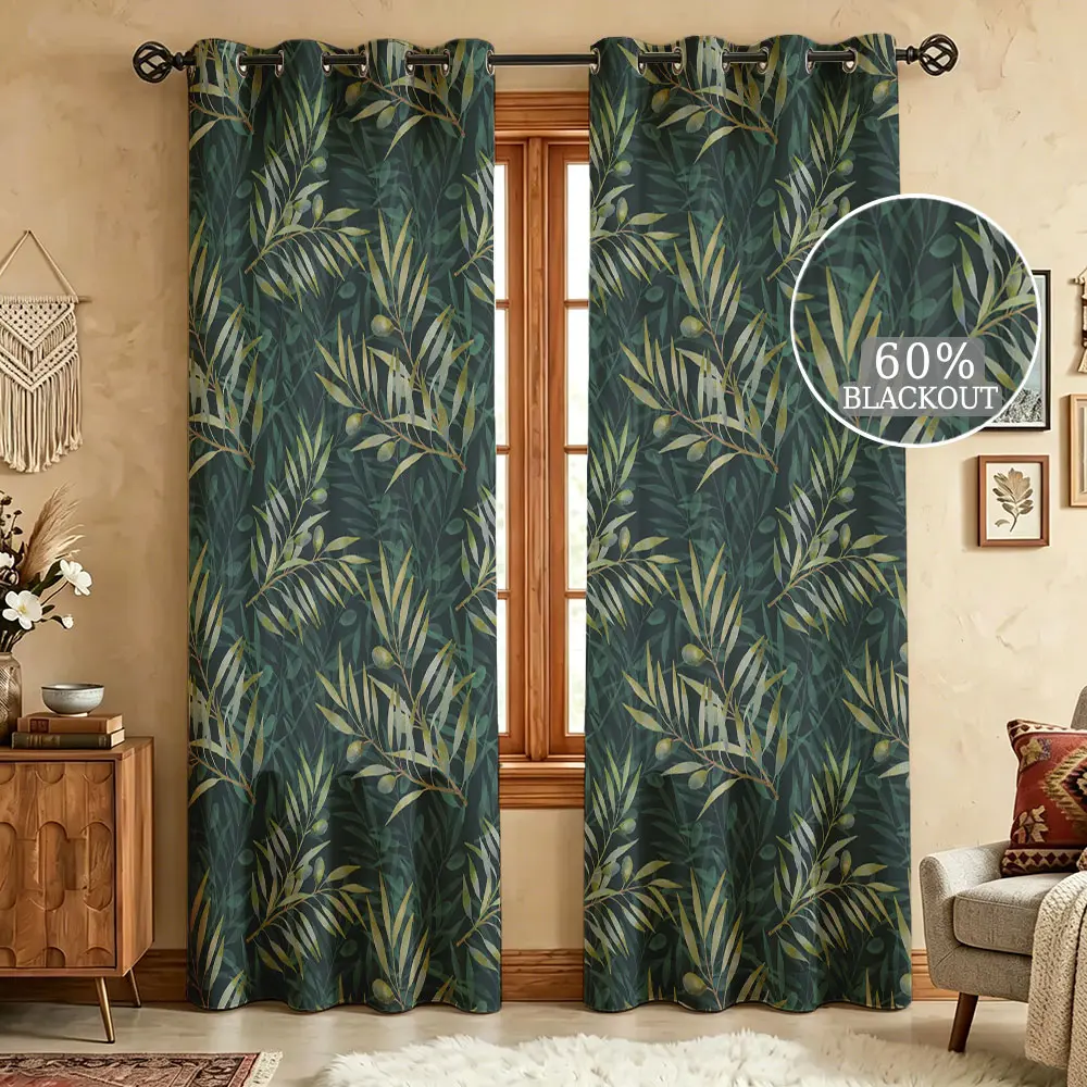 Blackout Curtains (2 Panels 60% Light Blocking Green Botanical Sunshade Drapes ) ,Thermal Insulated Noise Reducing Privacy Curtains for Living Room Bedroom Decor with Grommets, Boho Blackout Curtains, Blackout Window Curtain