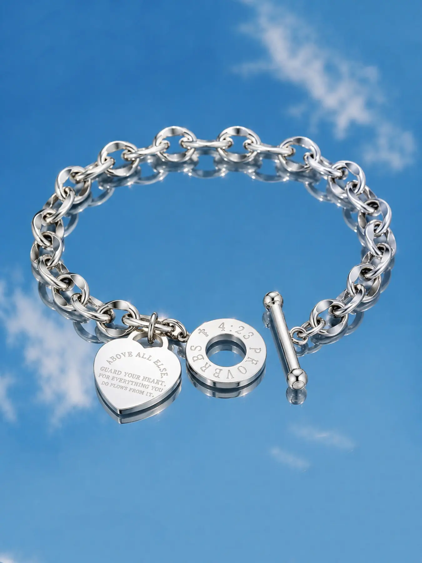 Proverbs 4:23 Silver Tone Charm Bracelet for Women, Adjustable Chain Bracelet with Heart Pendant and Bible Verse Disc, Christian Faith Jewelry Gift, Heart Bracelets