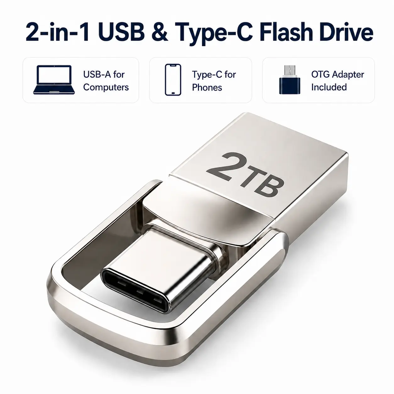 2TB USB Flash Drive For Phone & Computer, Pen Drive Flash Disk with Large Storage Capacity – 2-in-1 USB-A & Type-C, USB 3.0, 100MB/s Transfer