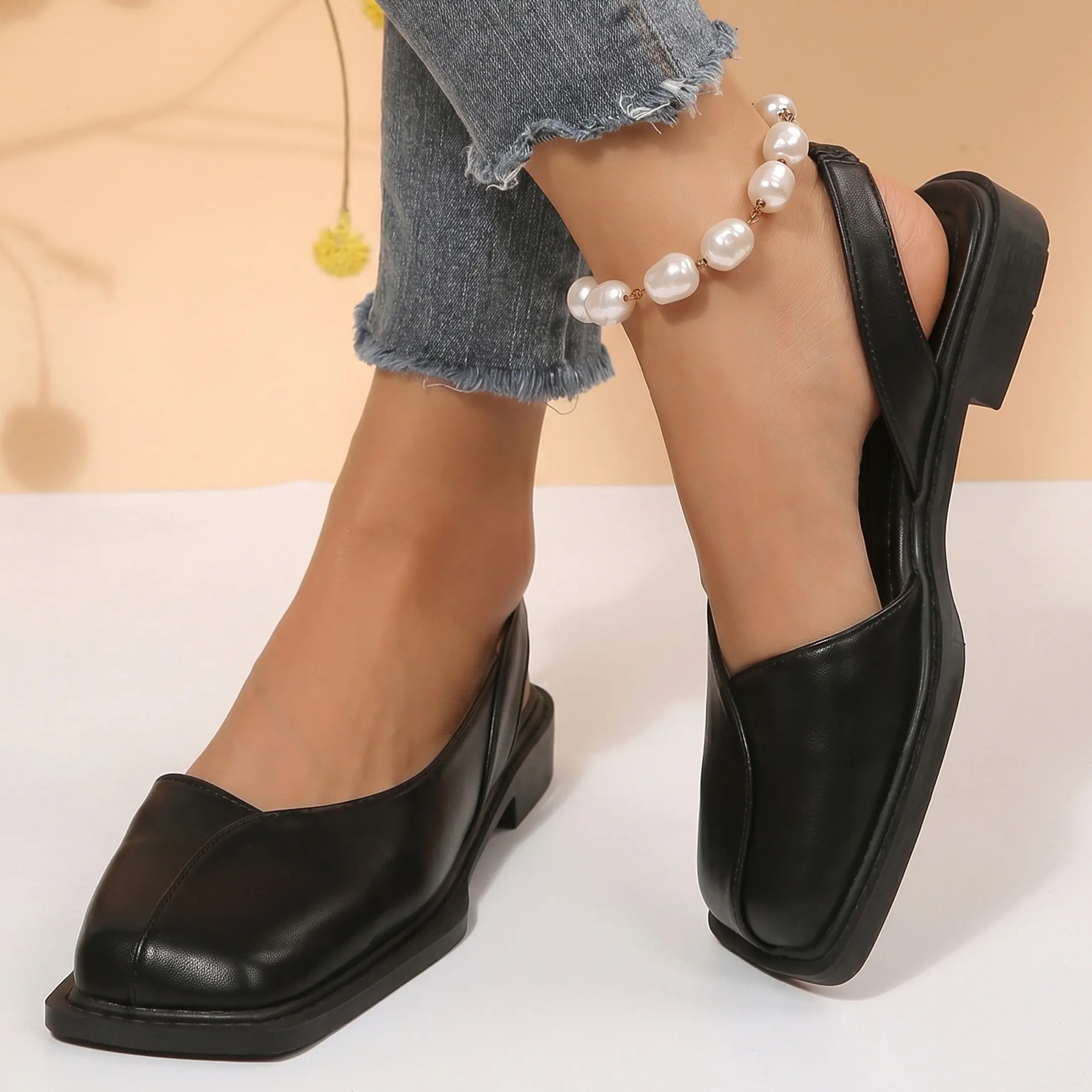 Women's Casual Sandals Elastic Slingback Closed Toe Flats Square Toe Daily Wear Sandals
