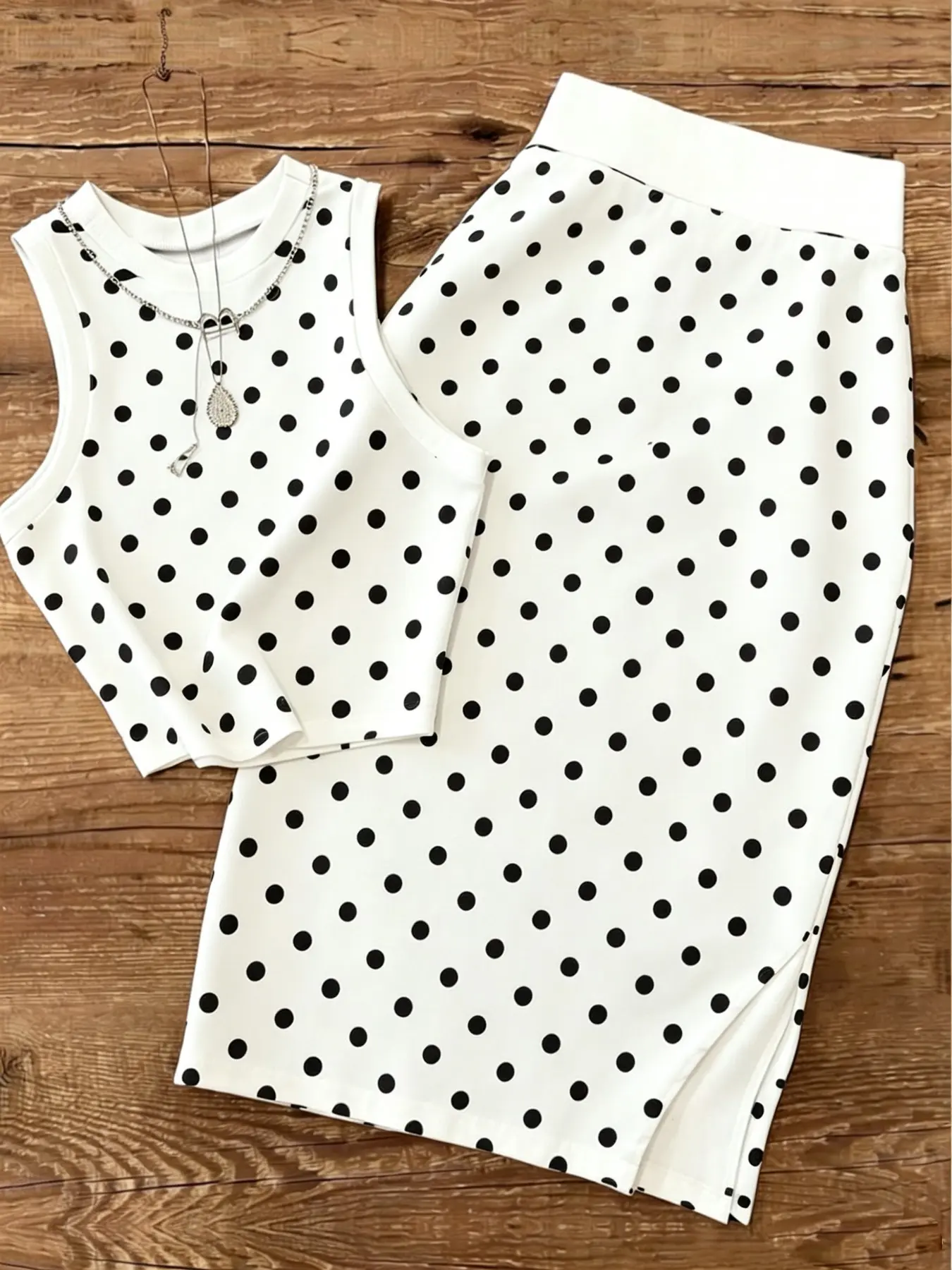 Sleeveless Crop Tank Midi Pencil Bodycon Skirt, Polka Dot, Women's Fashionable Clothing, Perfect for Casual Wear, Trendy and Comfortable
