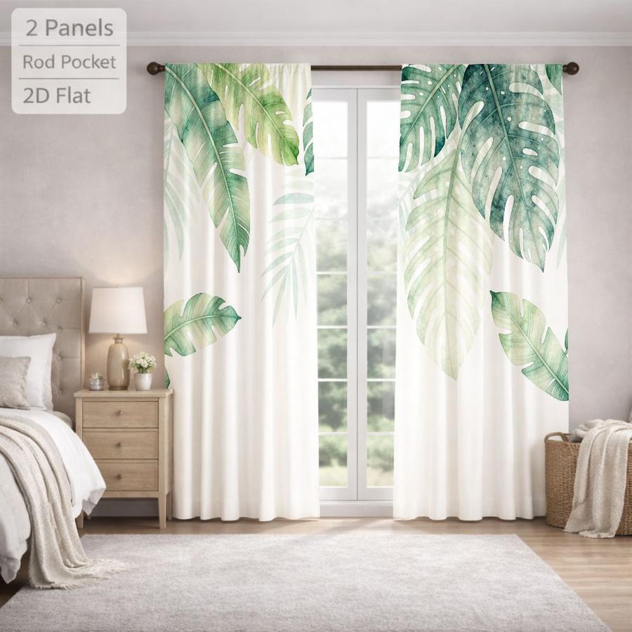 2Pcs Botanical Tropical Plant Leaf Pattern Sun Blocking Curtains Digital Printed Rod Pocket, Window Treatment For Bedroom Office Kitchen Living Room Study Home Decor