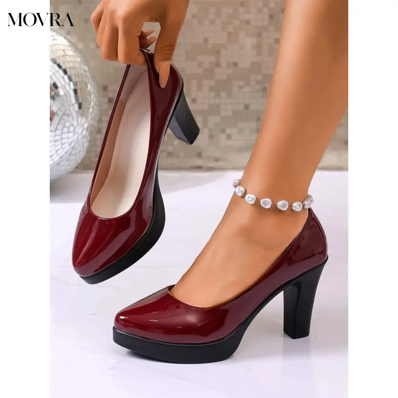 MOVRA1 Burgundy Patent Leather Waterproof Platform Heel Pumps, Comfortable Chunky Heel Block Heels Ons, Stylish Heeled Shoes Women, Party Shoes