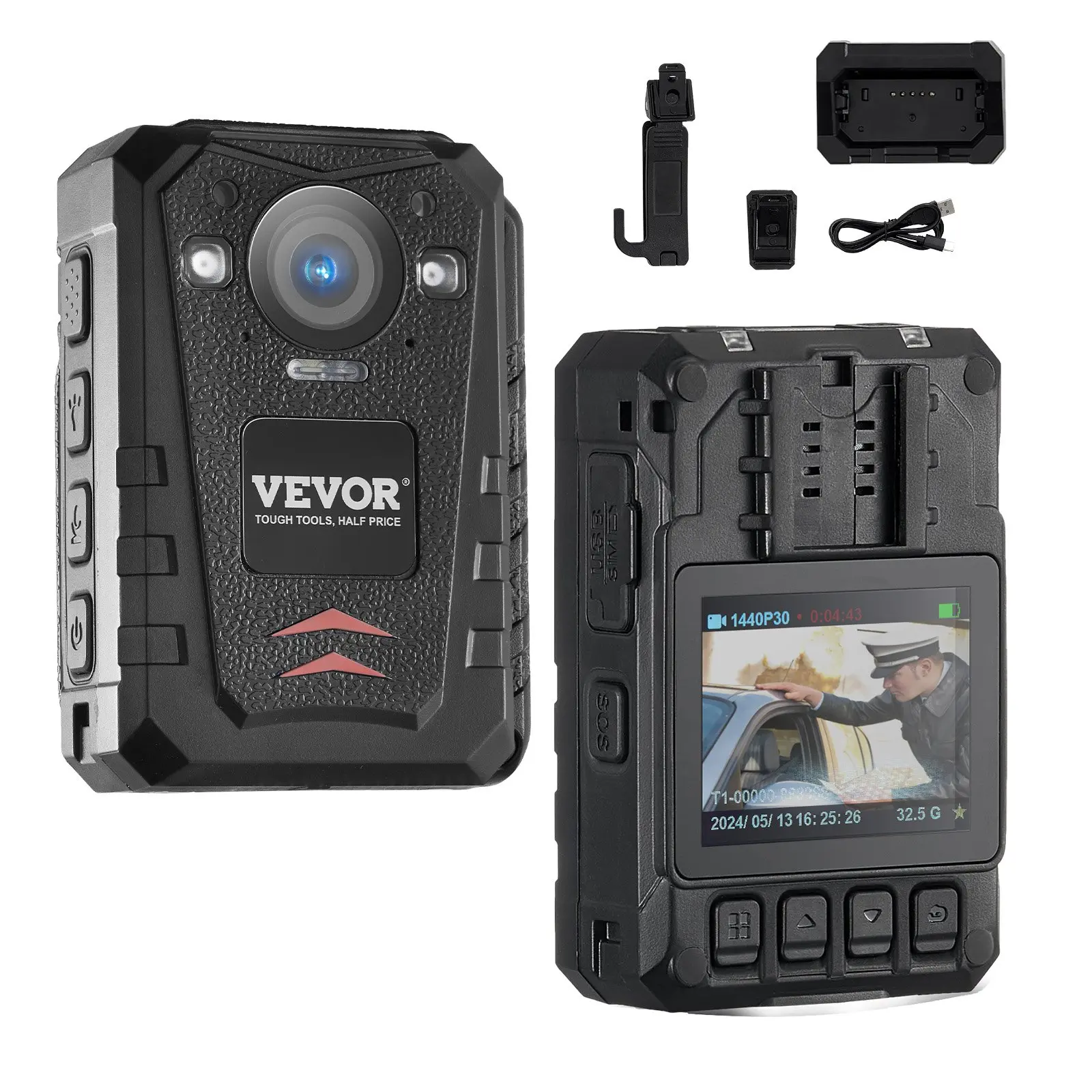 VEVOR 1440P HD Police Tactical Body Camera with 128GB Memory Card, 3500mAh Battery, 2.0 Inches LCD Screen, Infrared Night Vision, Waterproof GPS Tracking, 1A Charging, Audio-Video-Picture Recording for Law Enforcement