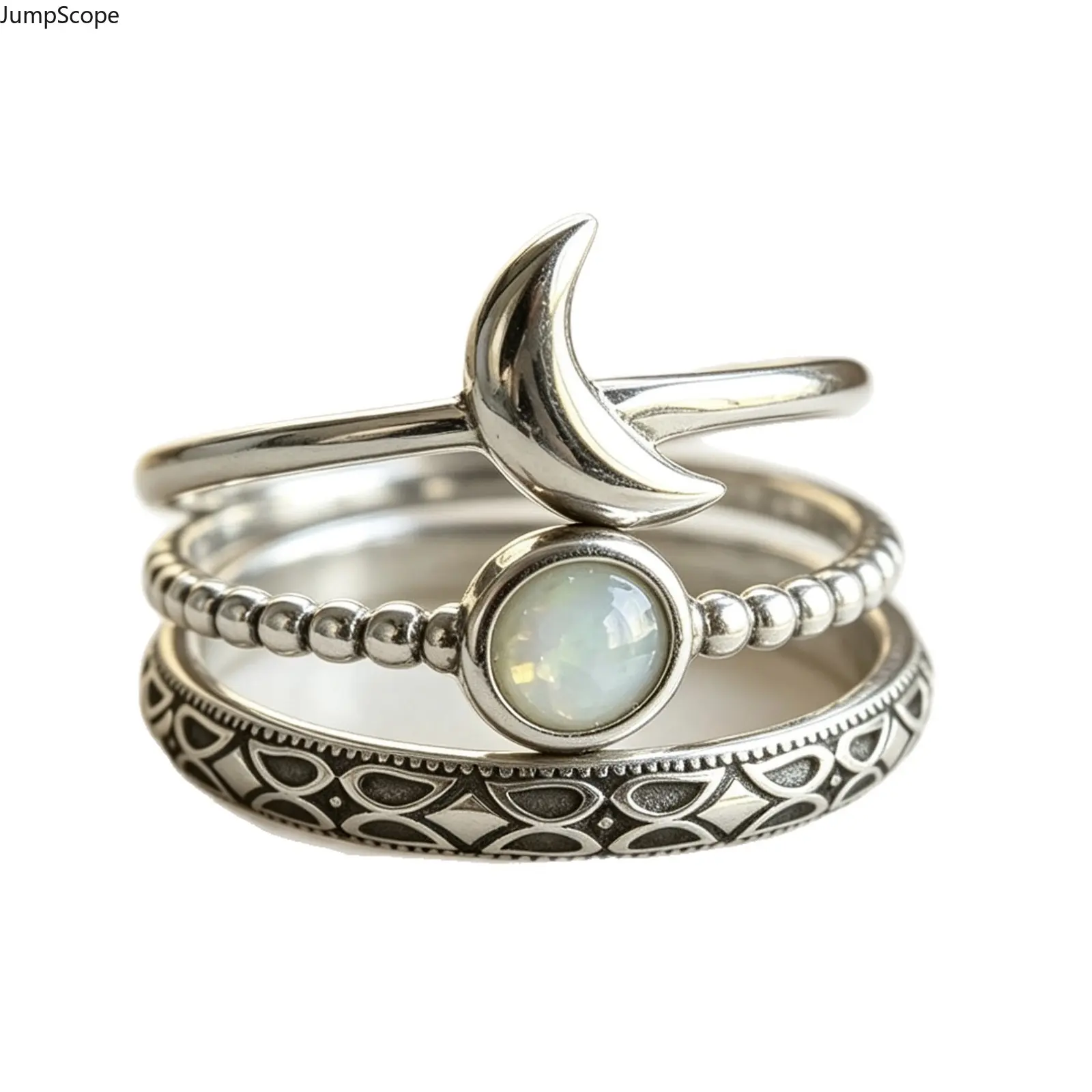 Women's 3Pcs Vintage Crescent Moon Iridescent Opal Geometric Engraving Stackable Rings Set - Antique Silver-Plated Beaded Celestial Witchy Finger Jewelry for Casual Party, Spiritual Indoor Recreation, Stackable Set, Female Wear, Geometric Engrave