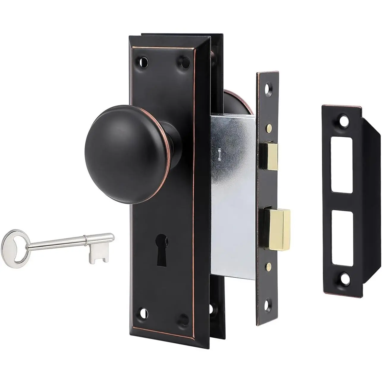Mortise Lock Set for Interior Door, Oil Rubbed Bronze Finish, Vintage Antique Door Knobs with Lock and Skeleton Key, 2-3/8" BacksetGift