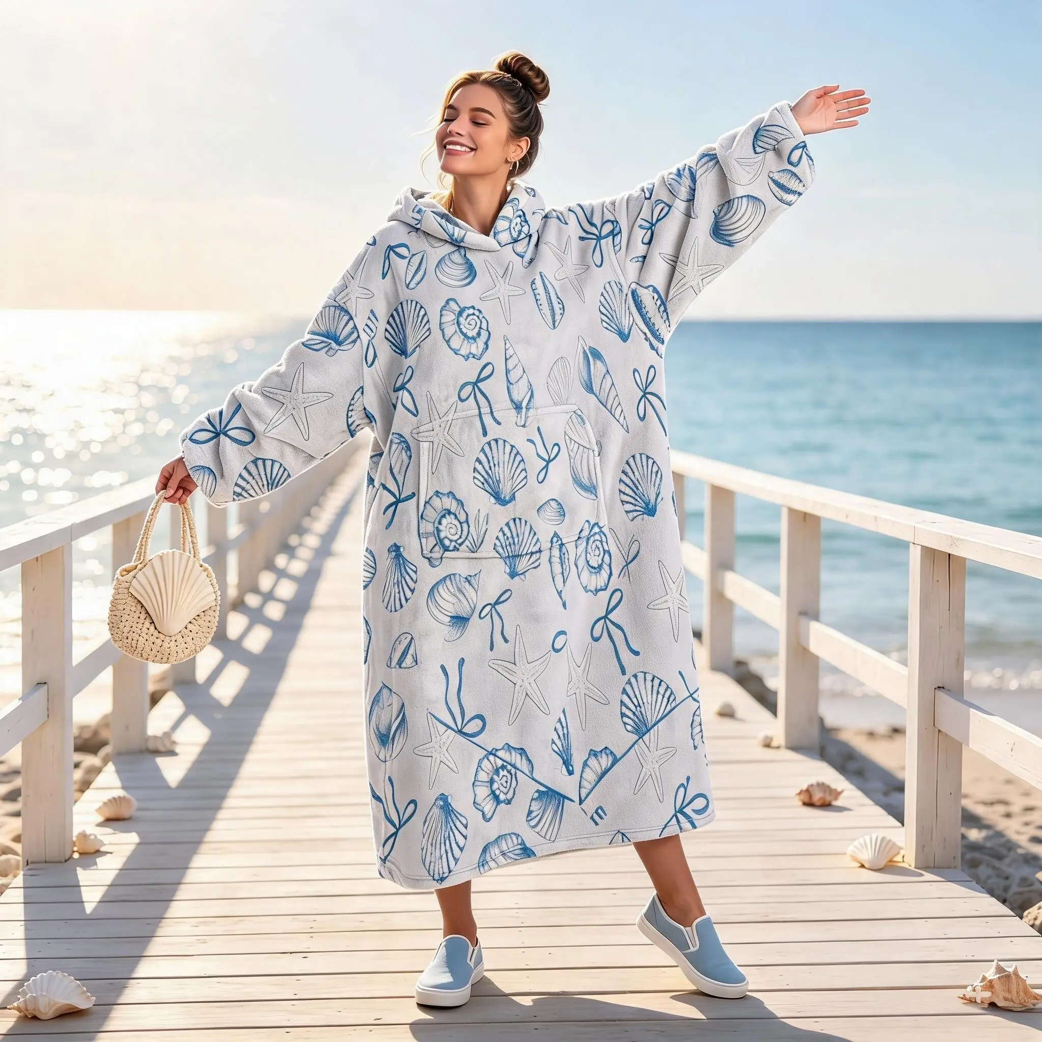 1pc Fresh Blue Shell Starfish Bow Hat Blanket, Hand-Drawn Seashell Ocean Element Flannel Cover, Soft Home Blanket for Beach Vacation Style