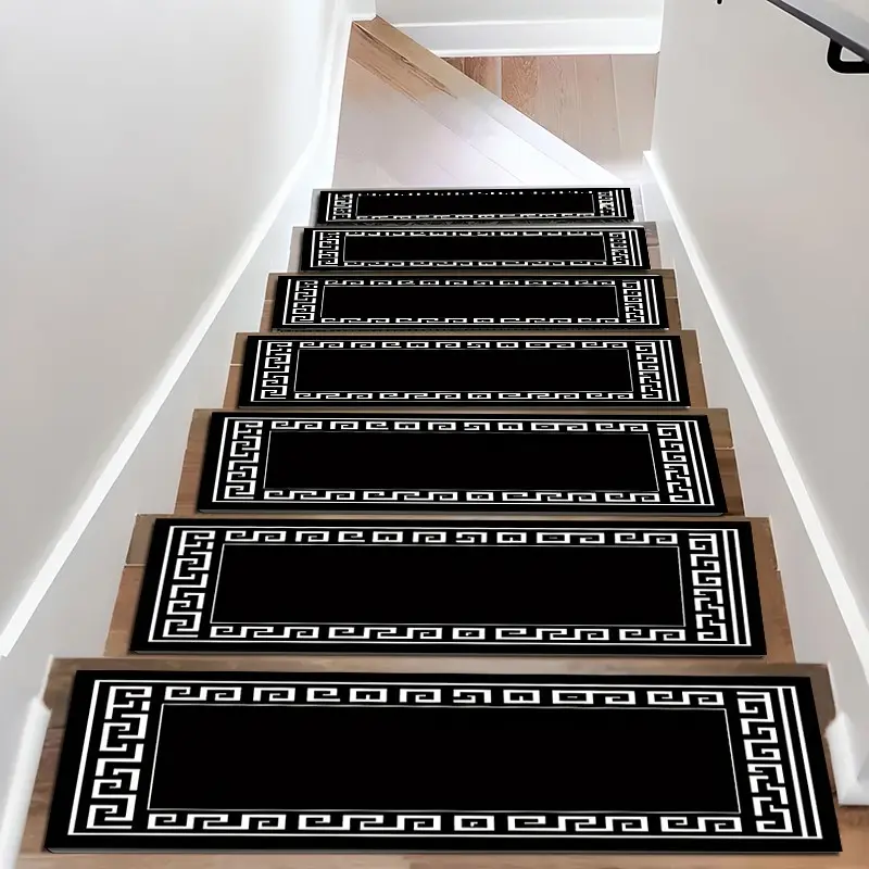Vintage Black Greek Key Border Diatom Mud Stair Treads, Superior Water Absorption and Quick Drying, Super Absorbent Non Slip Carpet Mats for Wood Steps, Quick Drying Moisture Wicking Stair Runners, Anti Slip Washable Rugs for Dogs Kids Elderly