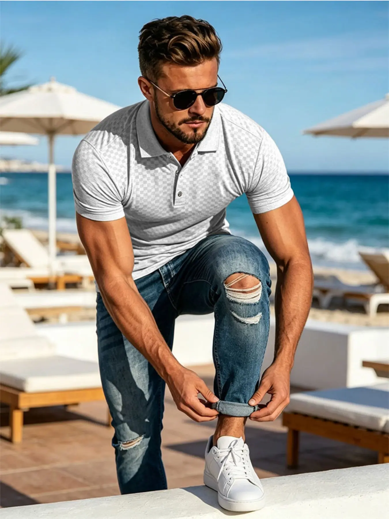 Men's Spring Summer Slim Fit T-Shirt Polo, Dark Pattern Checkered, Simple and Stylish, Casual Wear, Comfortable and Trendy