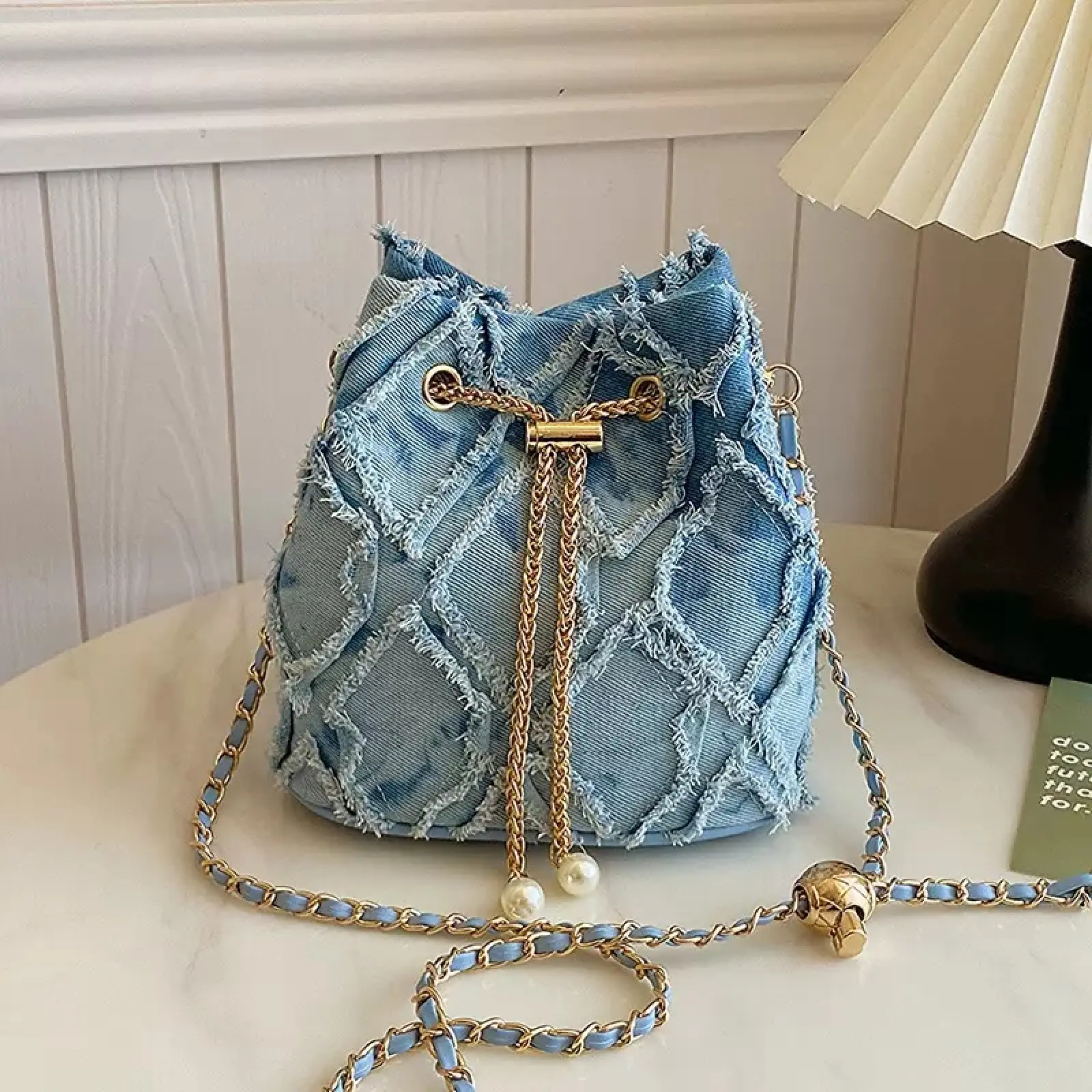 New Classic Versatile Solid Denim Rhombus Textured Metal Drawstring Closure One Shoulder Bucket Bag with Adjustable Strap, All Seasons Casual Crossbody Purse for Women, Elegant Wallet, Clutch, Suitable for Shopping, Commuting, Parties, Other Occasions