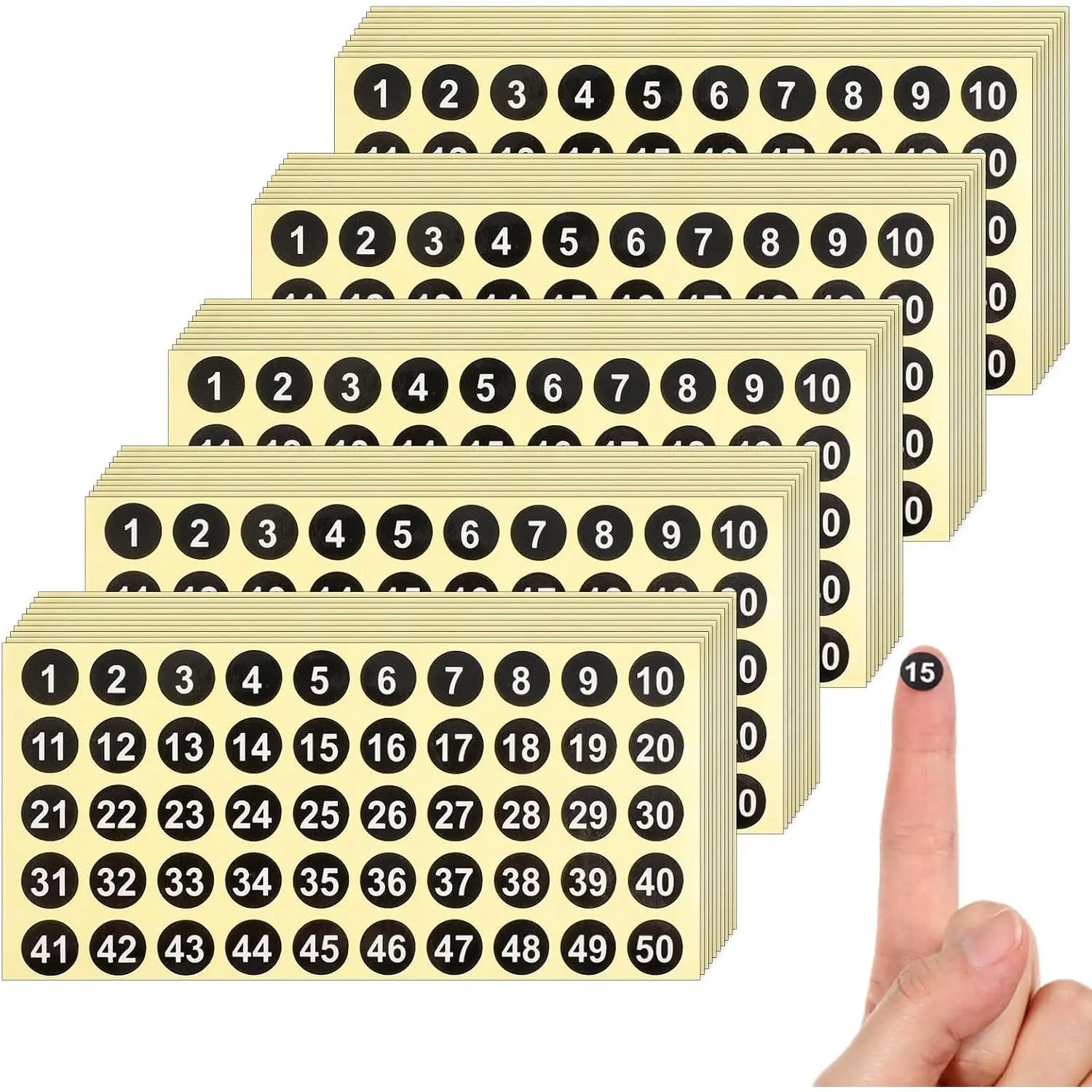 Self-Adhesive Round Number Stickers, 2500-Count 1-50 Consecutive Labels (0.4in), 50 Black Sheets for Organizer, Numbering, Indoor Outdoor Use, Round Labels