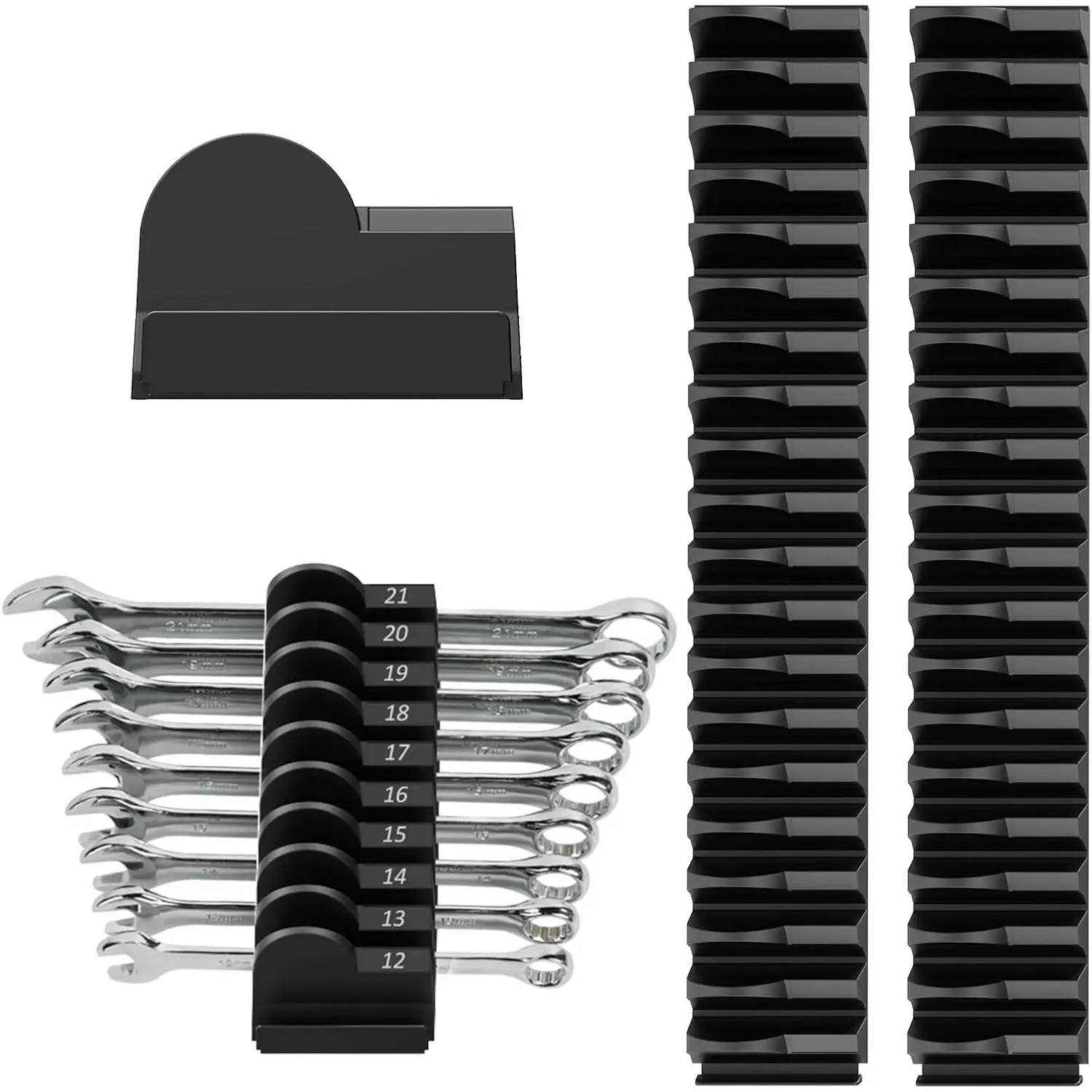 Black 52-Piece Modular Wrench Organizer for Tool Drawers - Metric & SAE Labeled Wrench Rack, Tool Storage Holder, Gift for Fathers, Garage Tool Organiser, Tool Cabinet Organizer