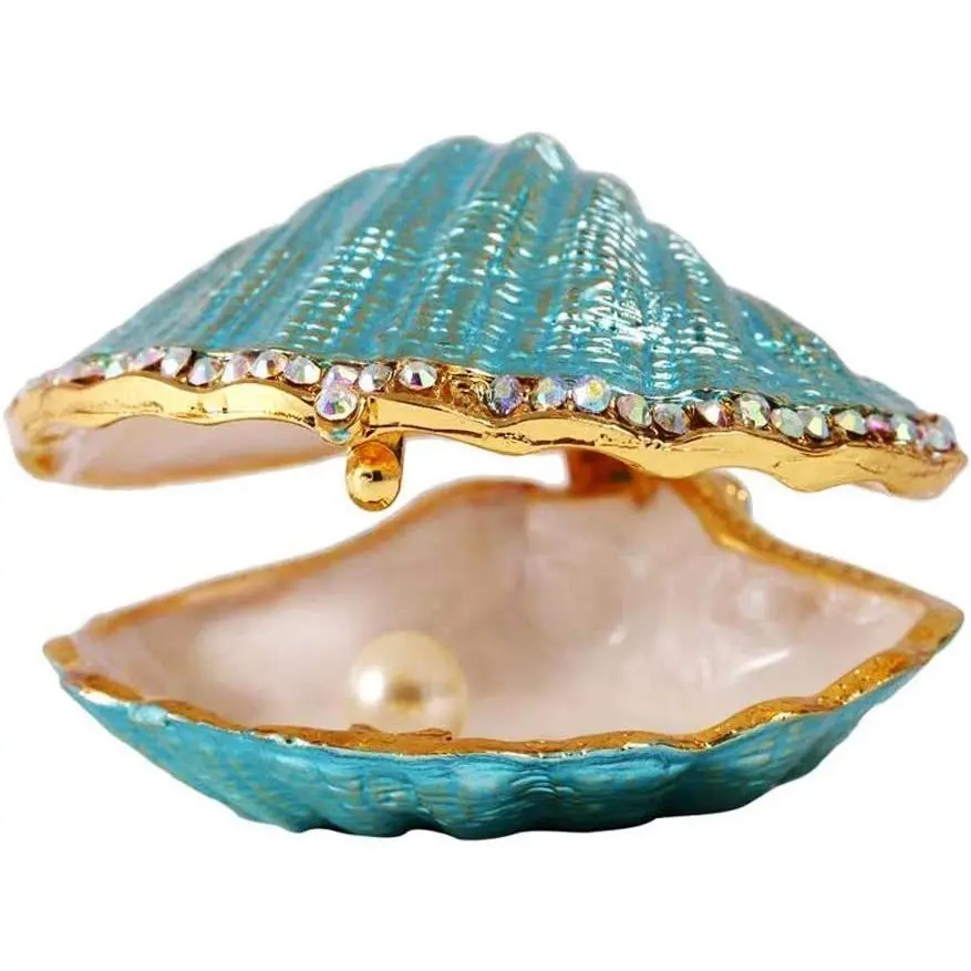 Metal Glass Pearl Mussel Trinket Box Ring Holder Centerpiece Decor |   Metal Glass Pearl Mussel Trinket Box Hinged Ring Holder Small Seashell Figurine Collectible for Desk Home Centerpiece Decor