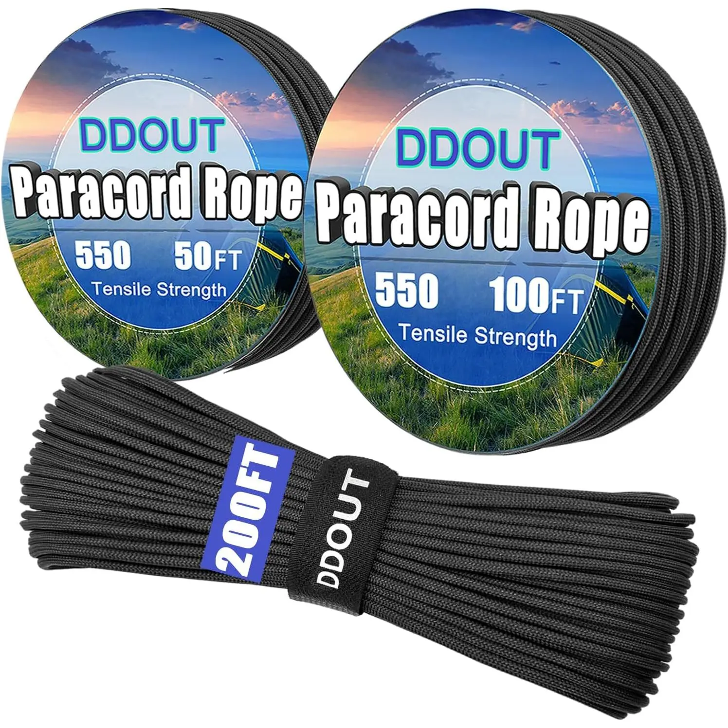 Rope with 7-Strand Core, 11 Colors and 50/100/200 ft, Nylon Type III Parachute Cord 4mm for Camping,, Hiking, DIY, Crafting, Black 100ft