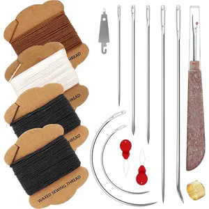 Upholstery Repair Kit: Extra Strong Waxed Sewing Thread 4 Rolls (3 Colors) &Heavy Duty Household Hand Needles (7 PCS) for Leather, Canvas, Bookbinding & Quilting Thread