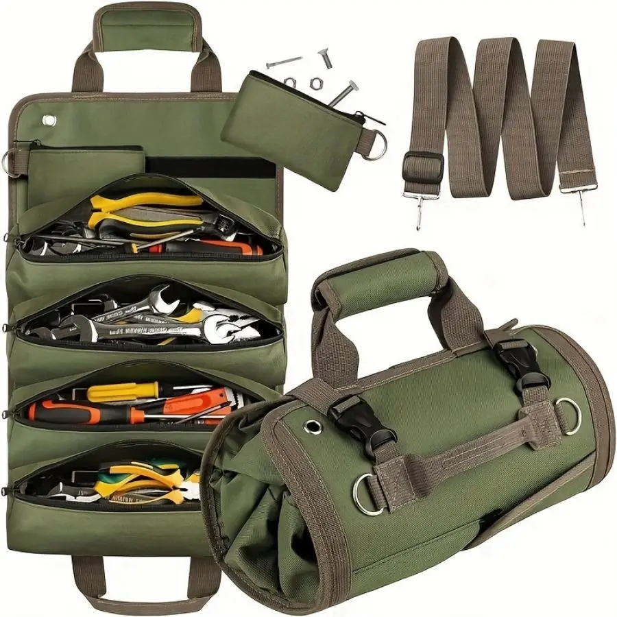 Portable Tool Roll Organizer Bag, foldable roll-up design with multiple individual pockets for wrenches screwdrivers and hardware accessories, durable storage solution for home repairs and outdoor work
