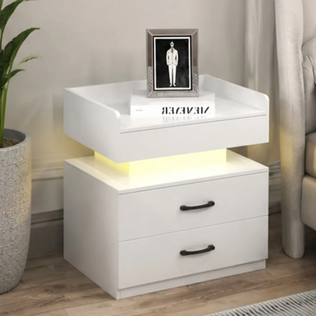 ARCH White Nightstand with Adjustable LED Strip Light, 2-Drawer Bedside Table, MDF End Table with Large Storage, Remote Control, for Bedroom Living Room Study, 13.8x19.3x20.7 Inches, White Color Options, MDF Material, Product Dimensions: 13.80 W x