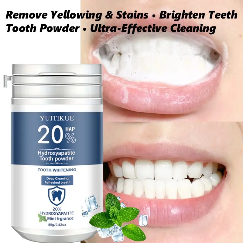 Yuitikue 20% Hydroxyapatite Tooth Whitening Powder, Deep Stain Removal, Mint Freshness, Anti-Sensitivity, Oral Care, 80g