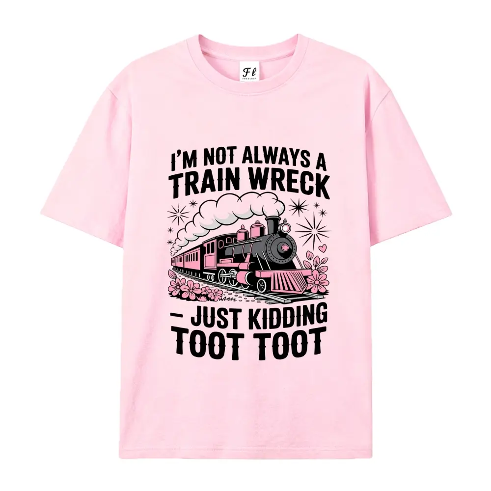 Women's Short-Sleeve Round Neck Casual Cotton T-Shirt - Pink Vintage Train Floral Graphic, Chaotic Mood Funny Pun Sassy Personality Top, Shortsleeve, Tops