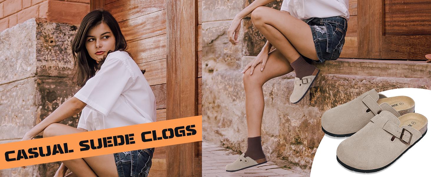 Xiakolaka Women's Suede Clogs Leather Mules Cork Footbed Sandals Potato Shoes with Arch Support Ergonomic Design Eva Sole