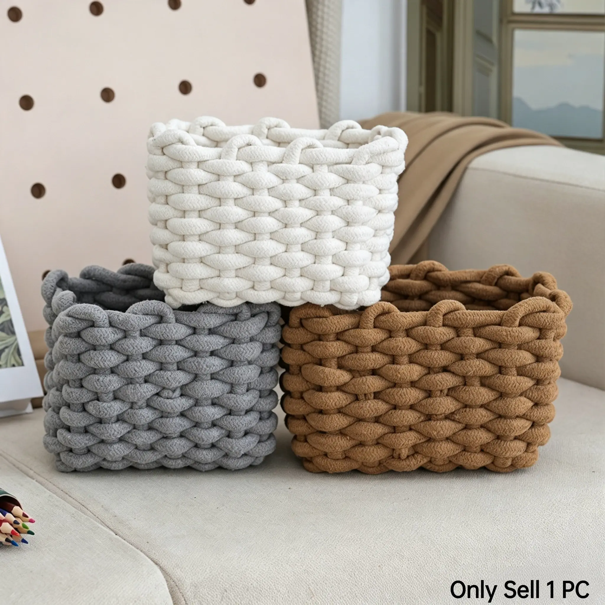 Small Woven Square Basket for Storage & Organizing, Rope Baskets for Storage, Cute Mini Rope Gift Basket for Shelf, Table, Desk, Bedroom, Vanity, Bathroom Dresser, Minimalist Design