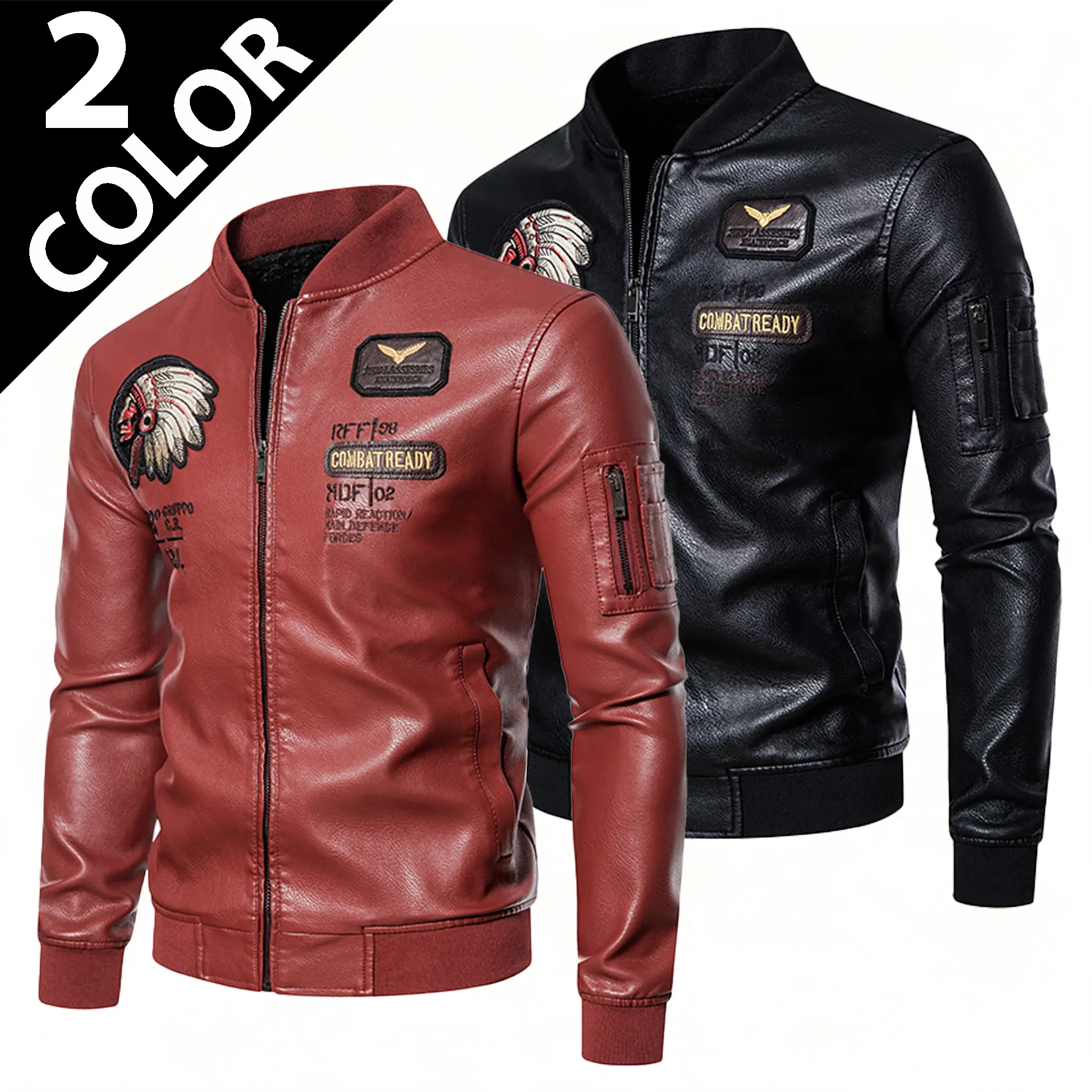 This 2026 newly launched leather jacket is crafted for autumn and winter wear, designed as a retro American biker jacket featuring elaborate heavy-duty embroidery of Native American head portraits and a sleek stand collar to highlight trendy vintage